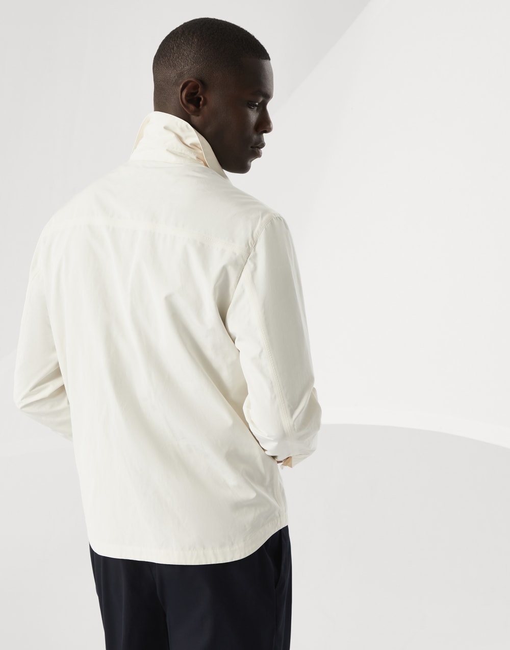 Water-resistant microfiber shirt-style unlined outerwear jacket with heat-bonded seams