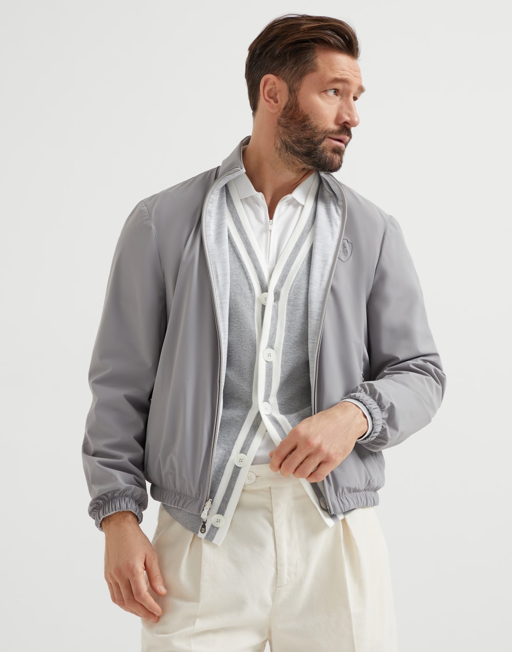 Silk and cotton jersey reversible outerwear jacket with logo