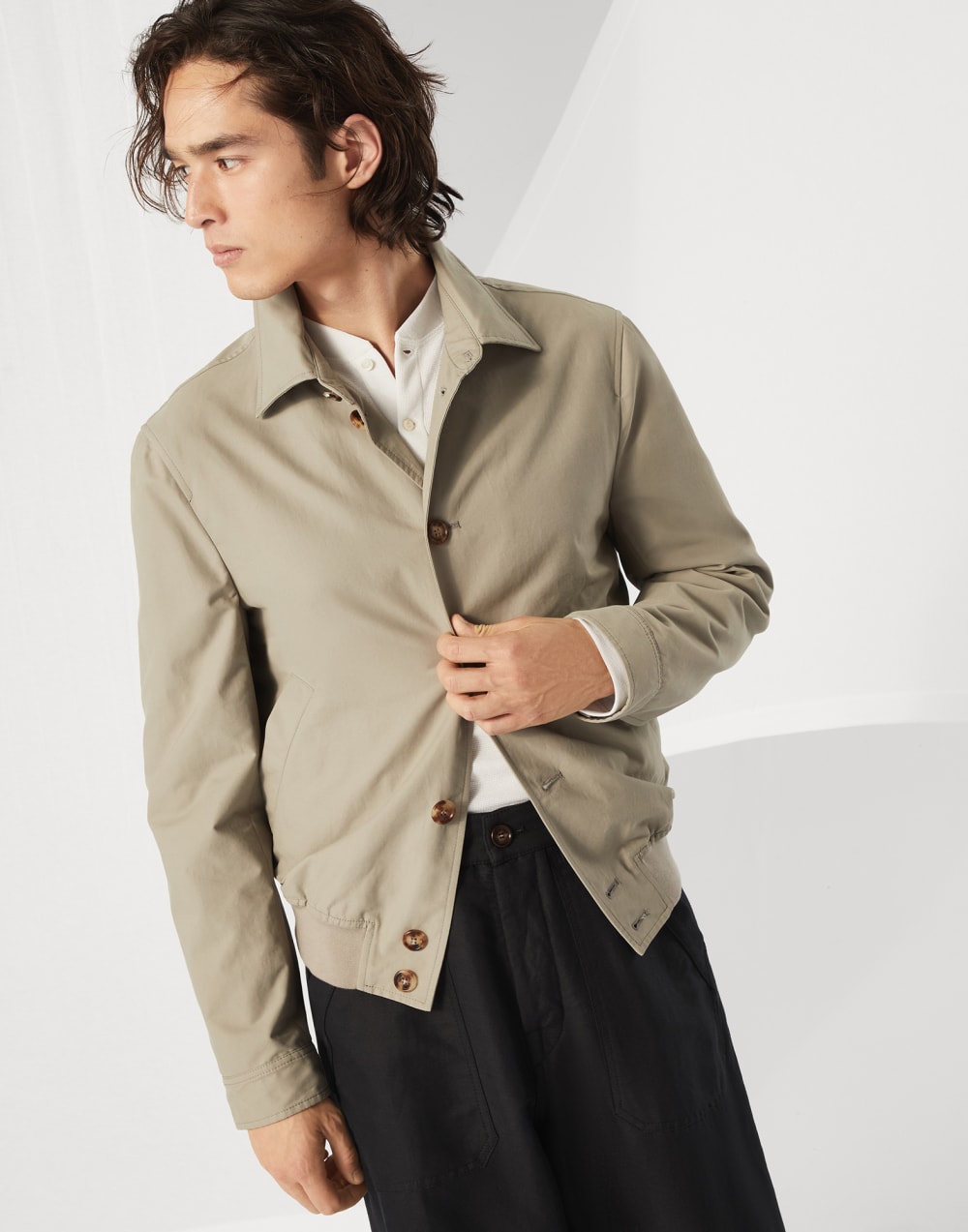 Water-resistant techno cotton gabardine shirt-style bomber jacket