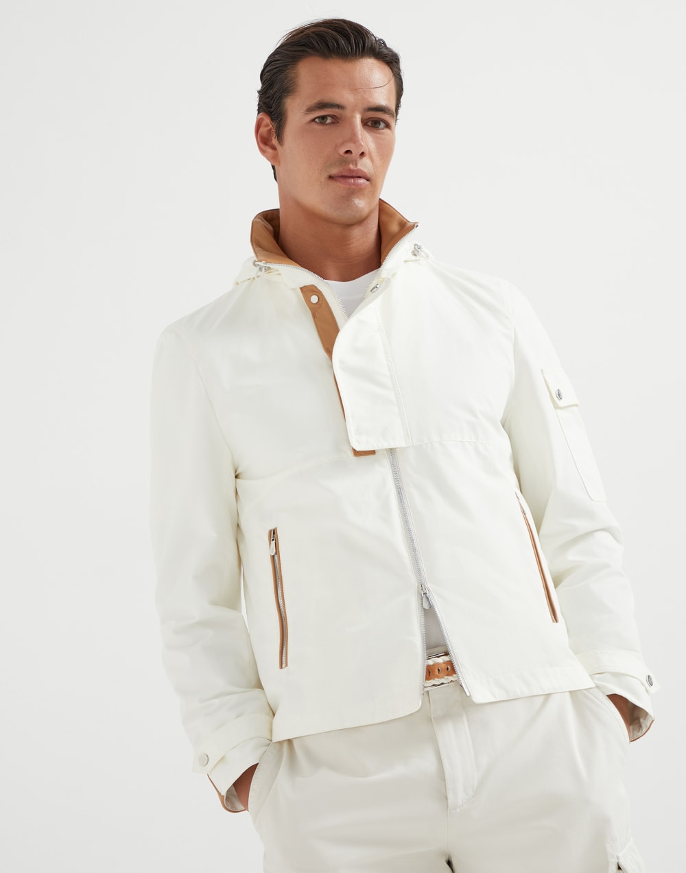 Water-resistant techno cotton gabardine outerwear jacket with leather inserts and detachable hood
