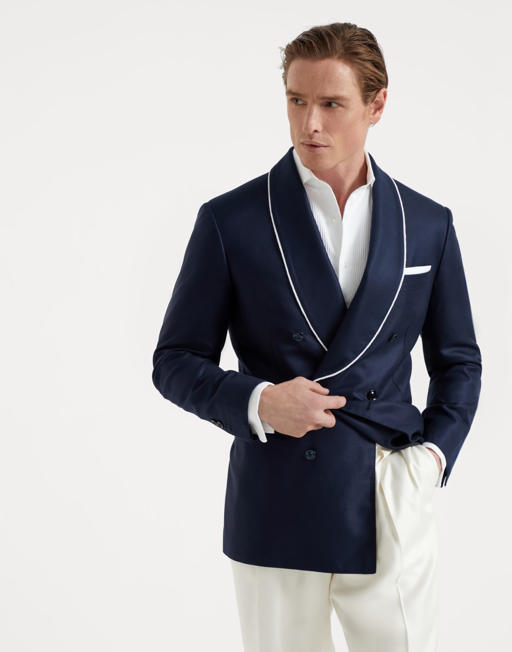 Silk diagonal one-and-a-half breasted tuxedo jacket with shawl lapels and piping