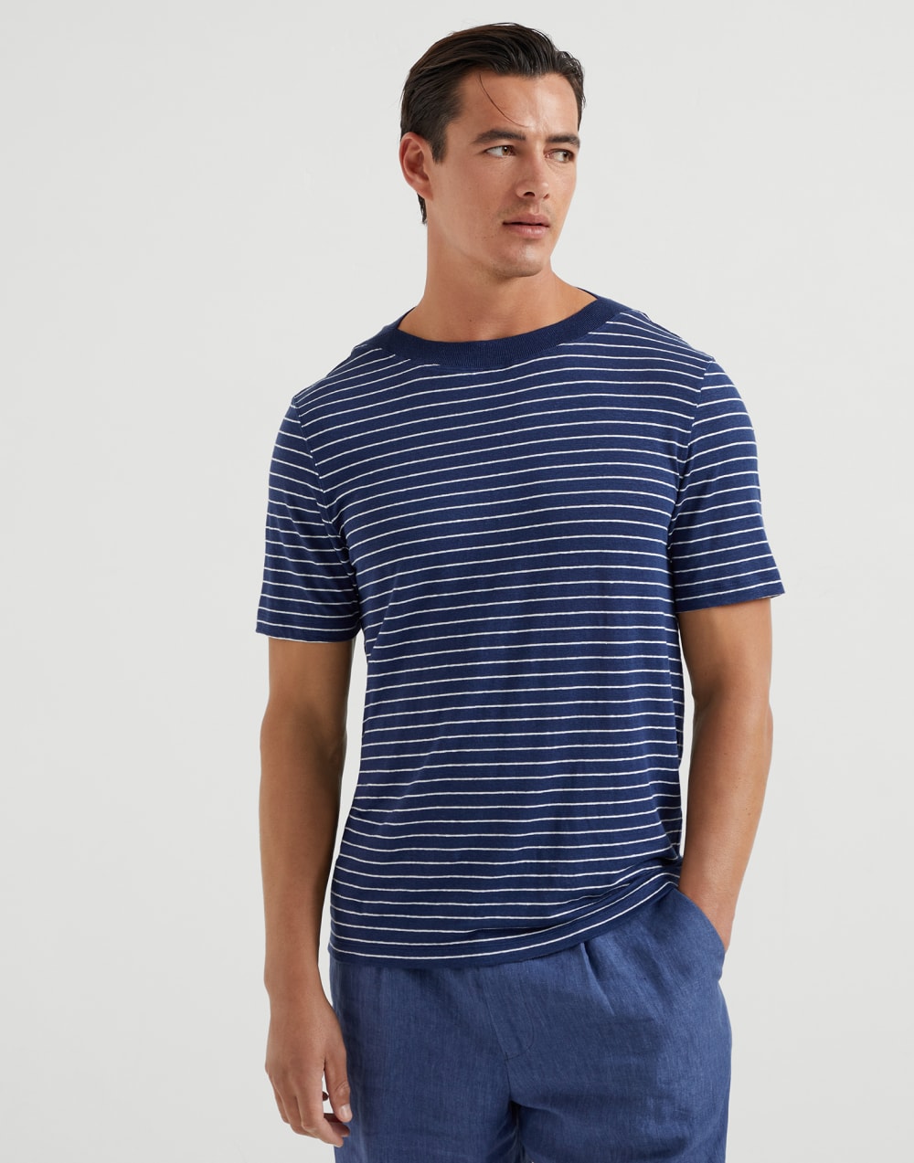 Striped linen stretch jersey boat neck T-shirt