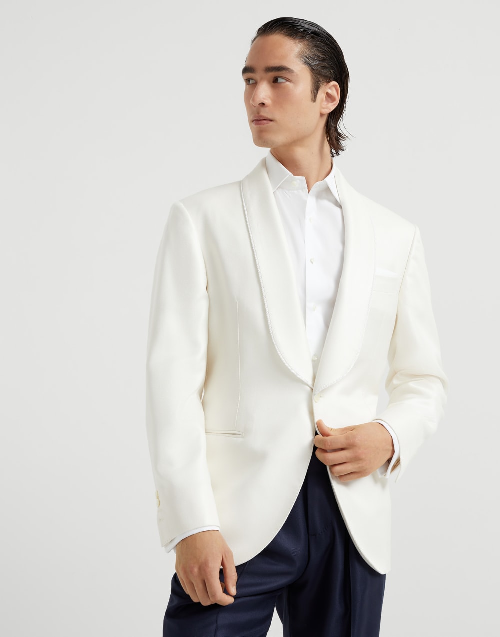 Silk diagonal tuxedo jacket with shawl lapels and piping