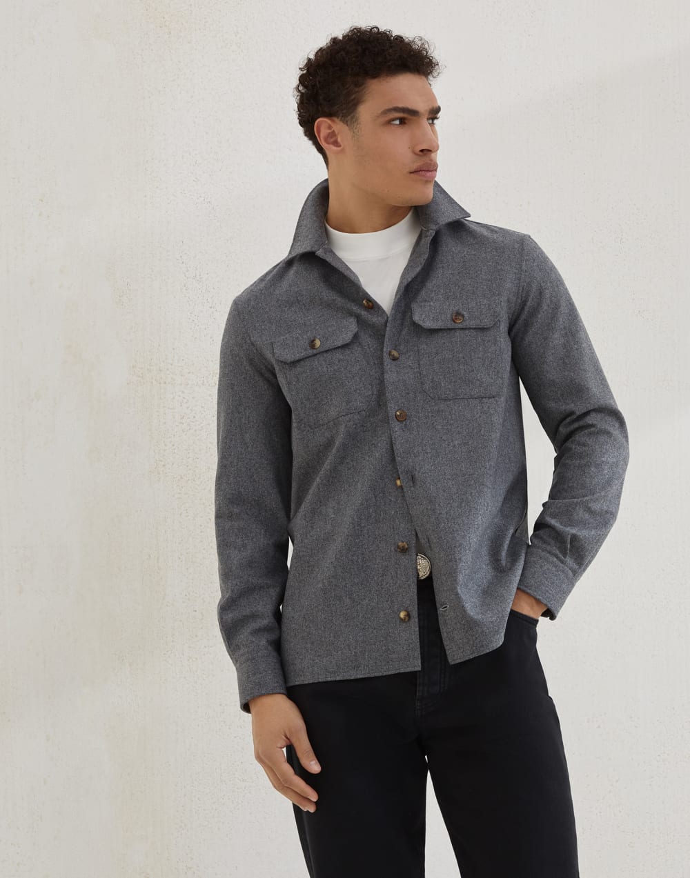 Virgin wool flannel overshirt with chest pockets