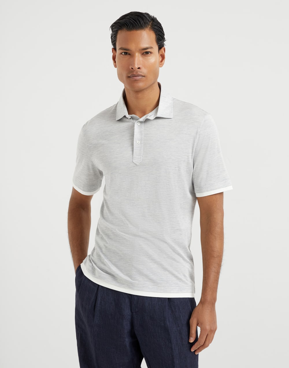 Silk and cotton jersey shirt-style collar polo with faux-layering