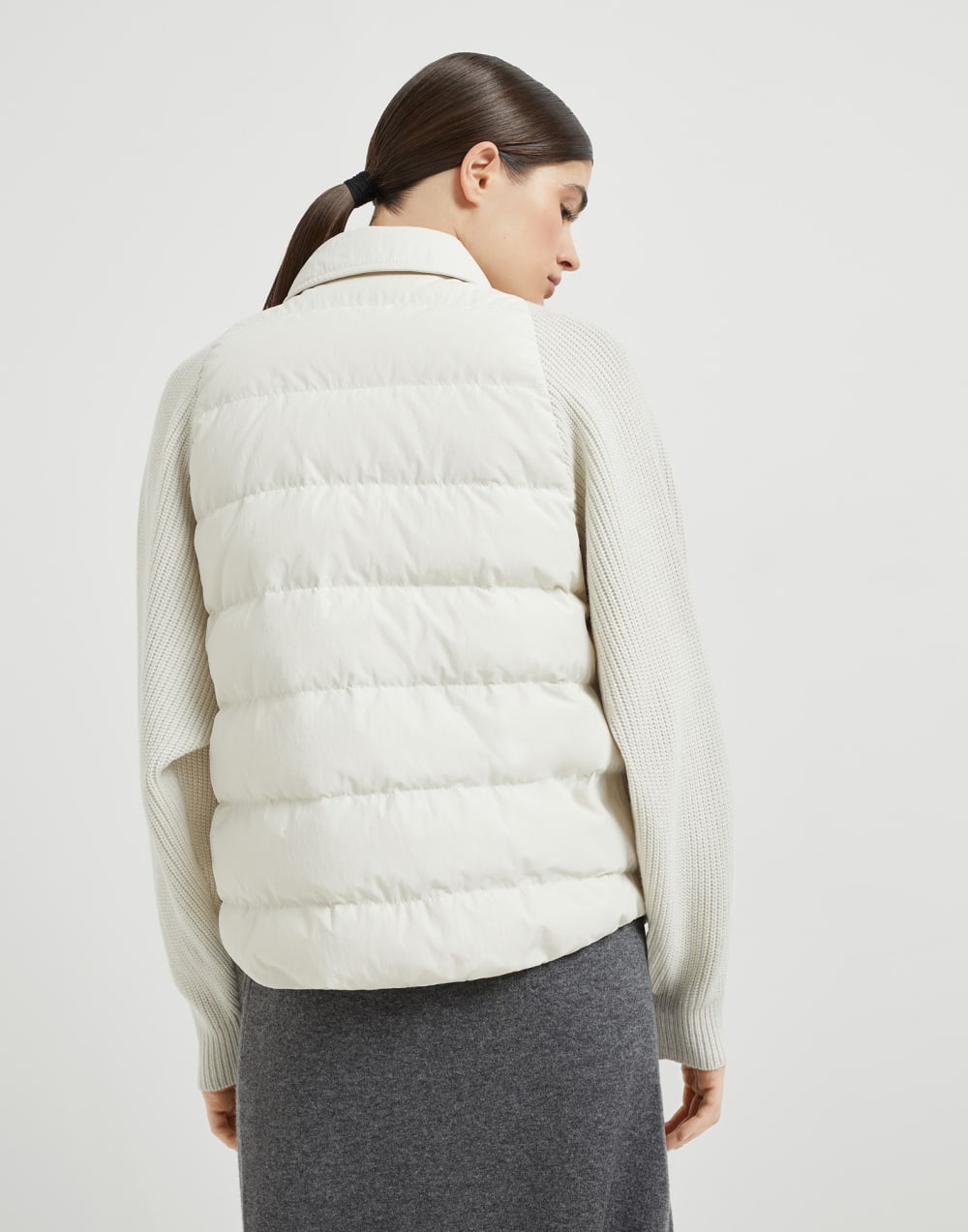 Water-resistant techno cotton and virgin wool, cashmere and silk knit down jacket with shiny flap detail