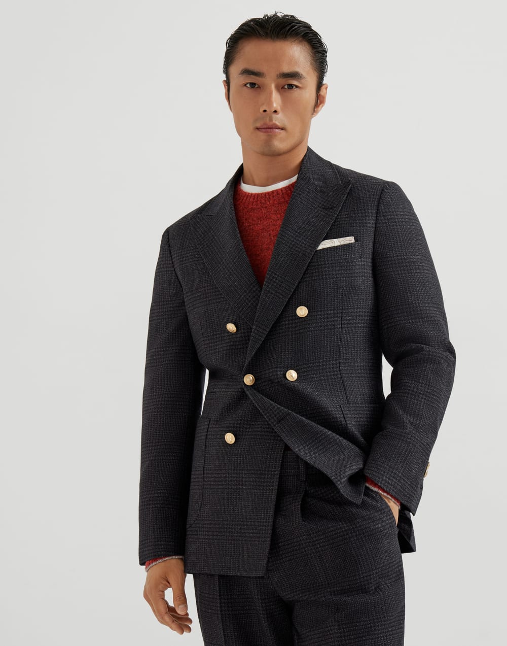 Wool, cashmere and silk tone-on-tone Prince of Wales one-and-a-half breasted deconstructed blazer with patch pockets and metal buttons