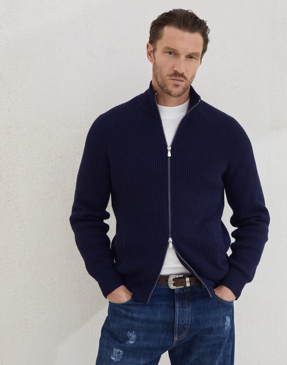 Malfilé cotton English rib cardigan with raglan sleeves and zipper