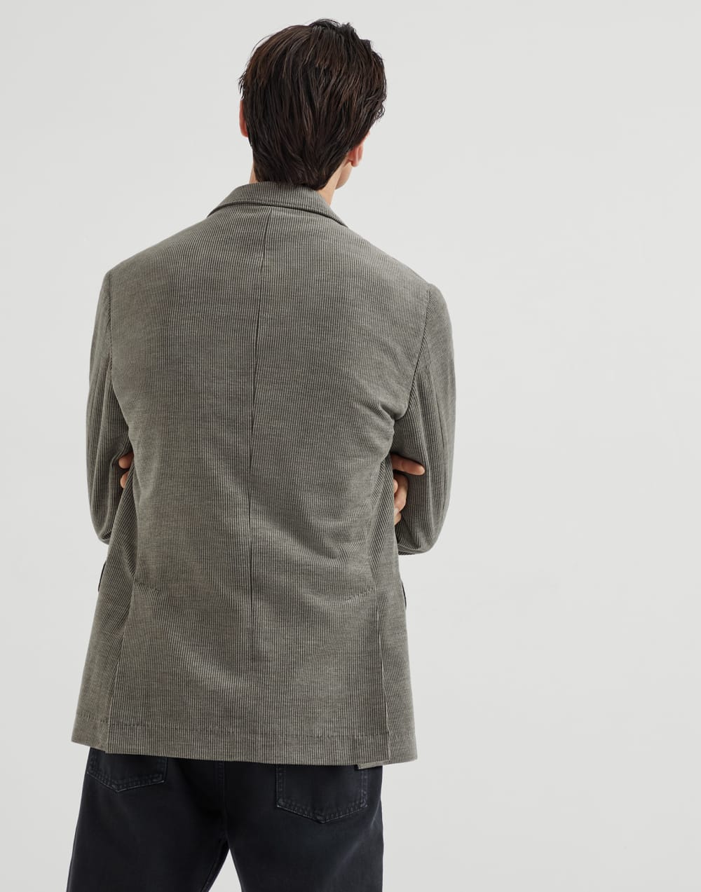Wool, silk and cashmere corduroy deconstructed blazer with large peak lapels and metal buttons