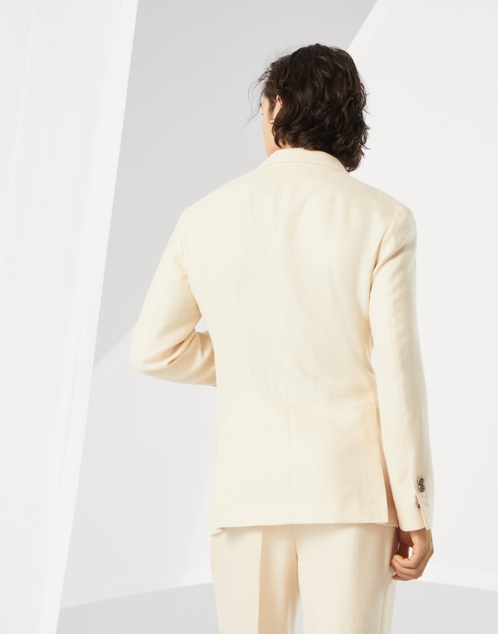 Wool, silk and linen chevron one-and-a-half breasted deconstructed blazer with metal buttons