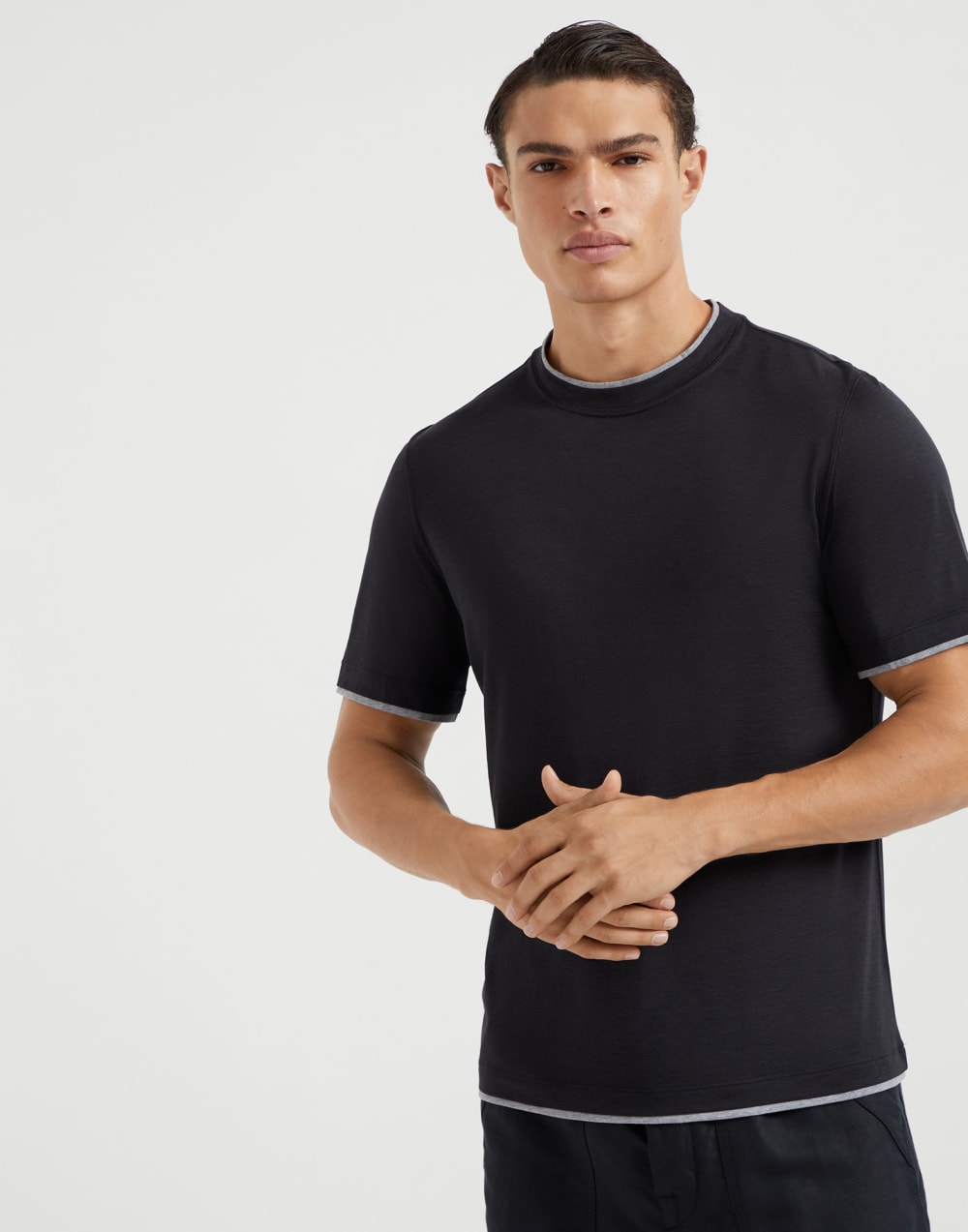Silk and cotton jersey crew neck T-shirt with faux-layering