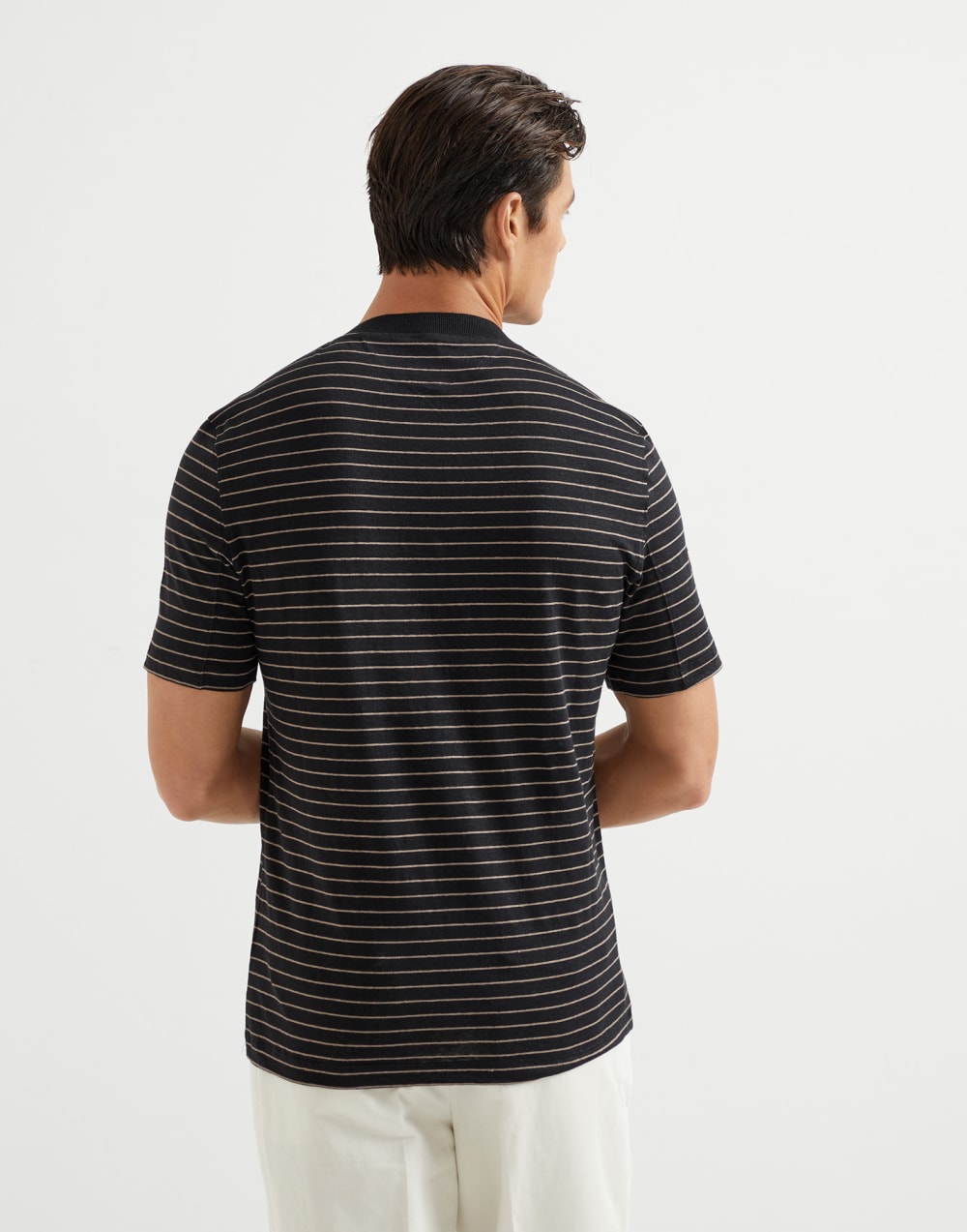 Striped linen stretch jersey boat neck T-shirt
