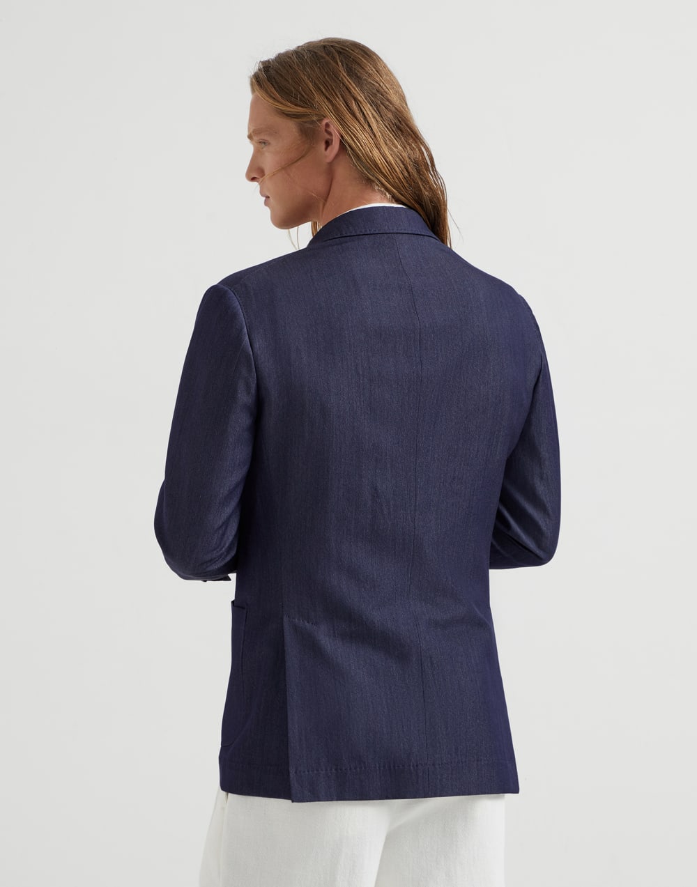 Virgin wool, abaca and silk twill one-and-a-half breasted deconstructed blazer with patch pockets and metal buttons