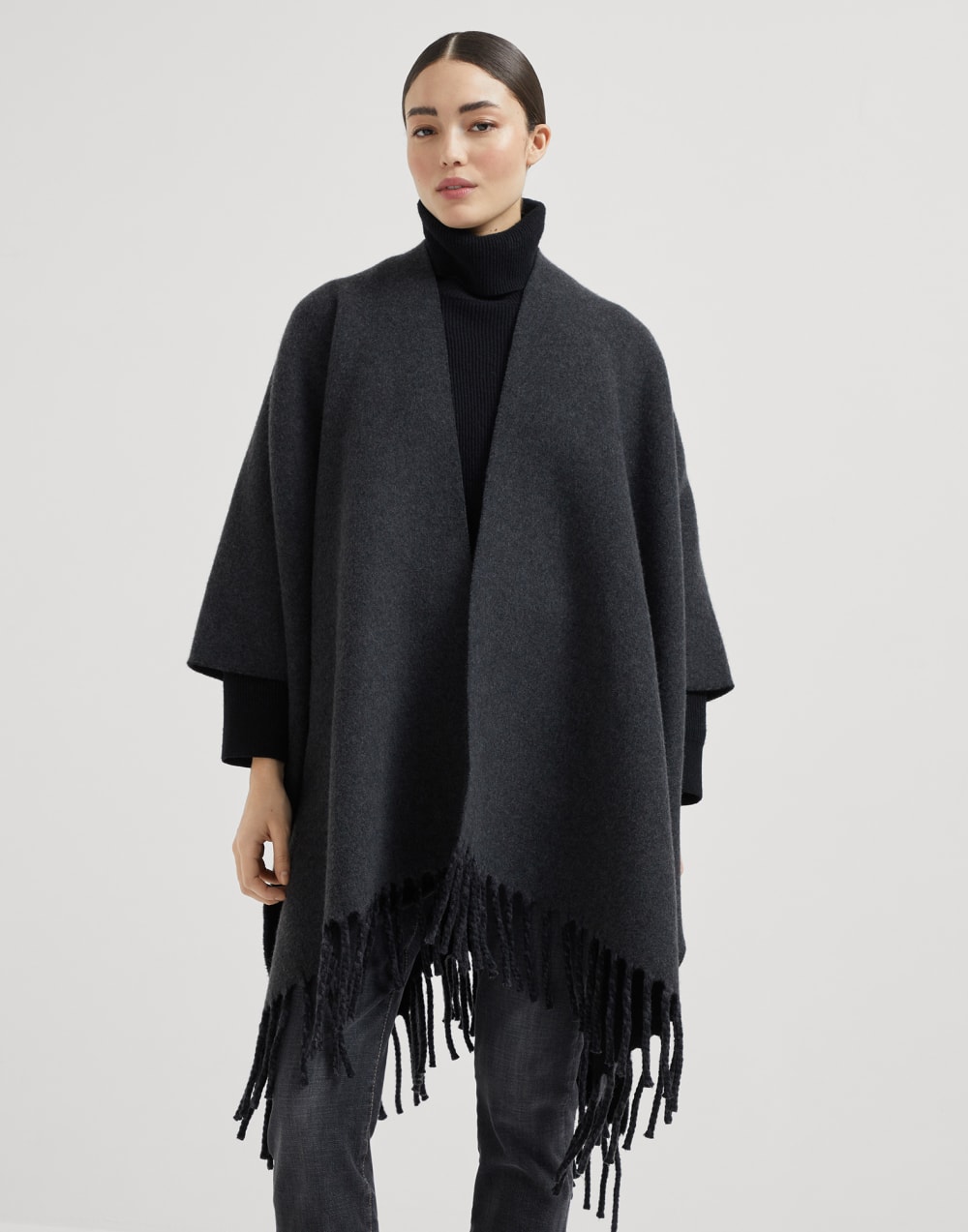 Wool and cashmere reversible double knit poncho