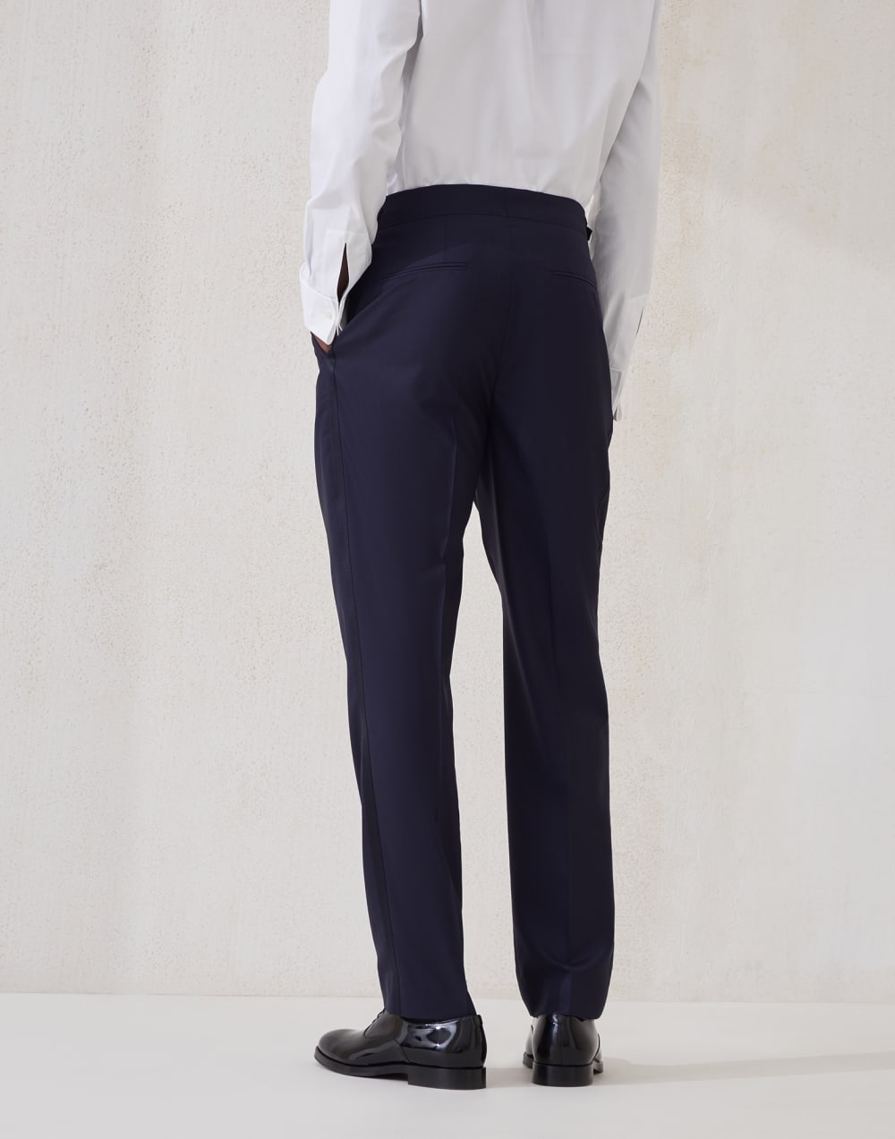 Lightweight virgin wool and silk twill tuxedo trousers with pleat and waist tabs