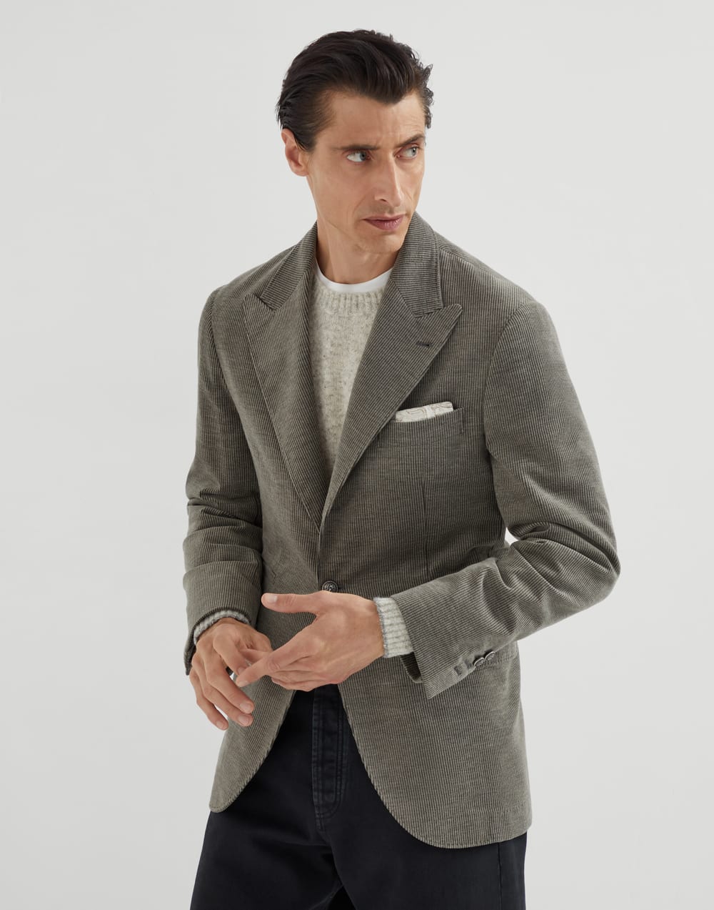 Wool, silk and cashmere corduroy deconstructed blazer with large peak lapels and metal buttons