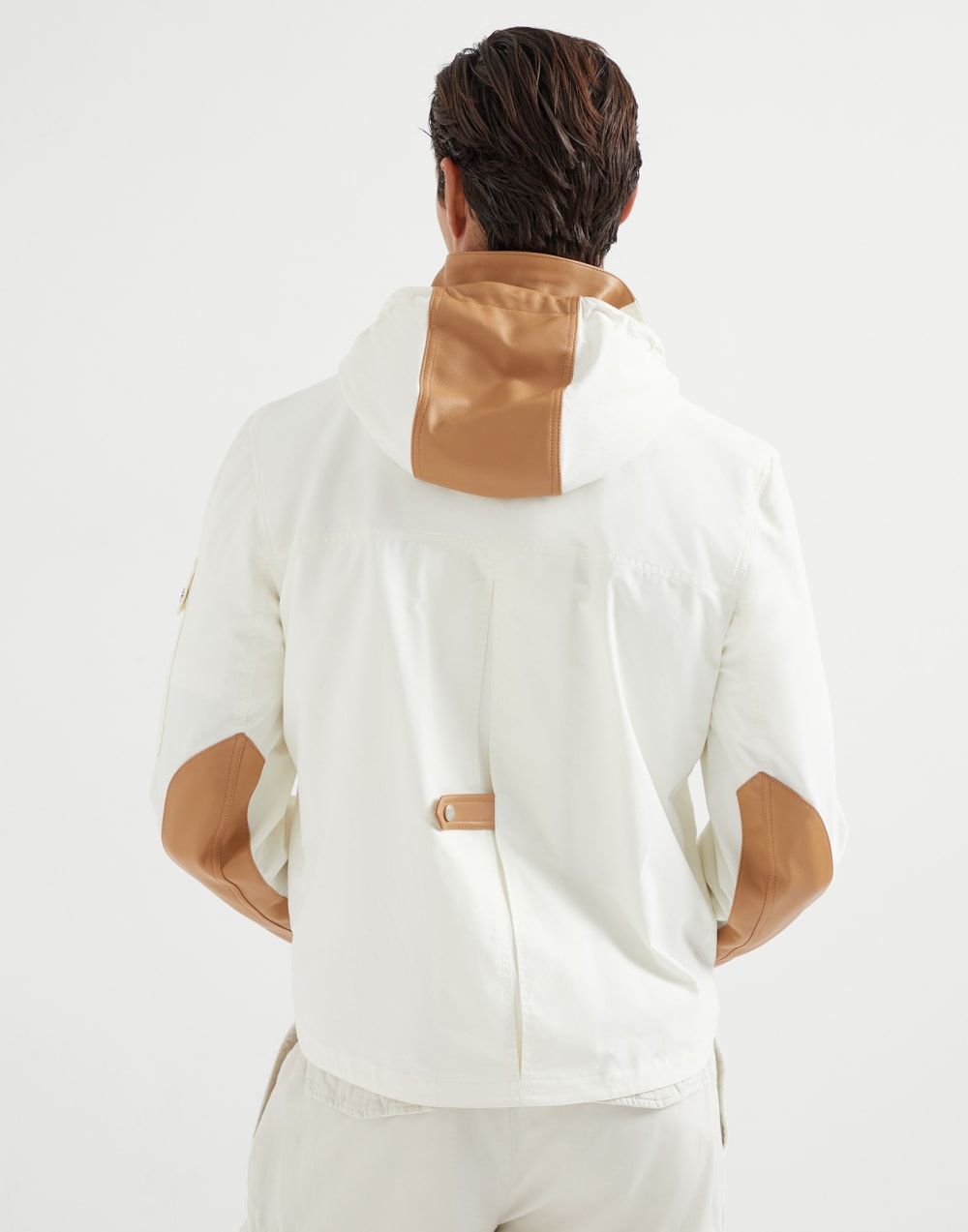 Water-resistant techno cotton gabardine outerwear jacket with leather inserts and detachable hood