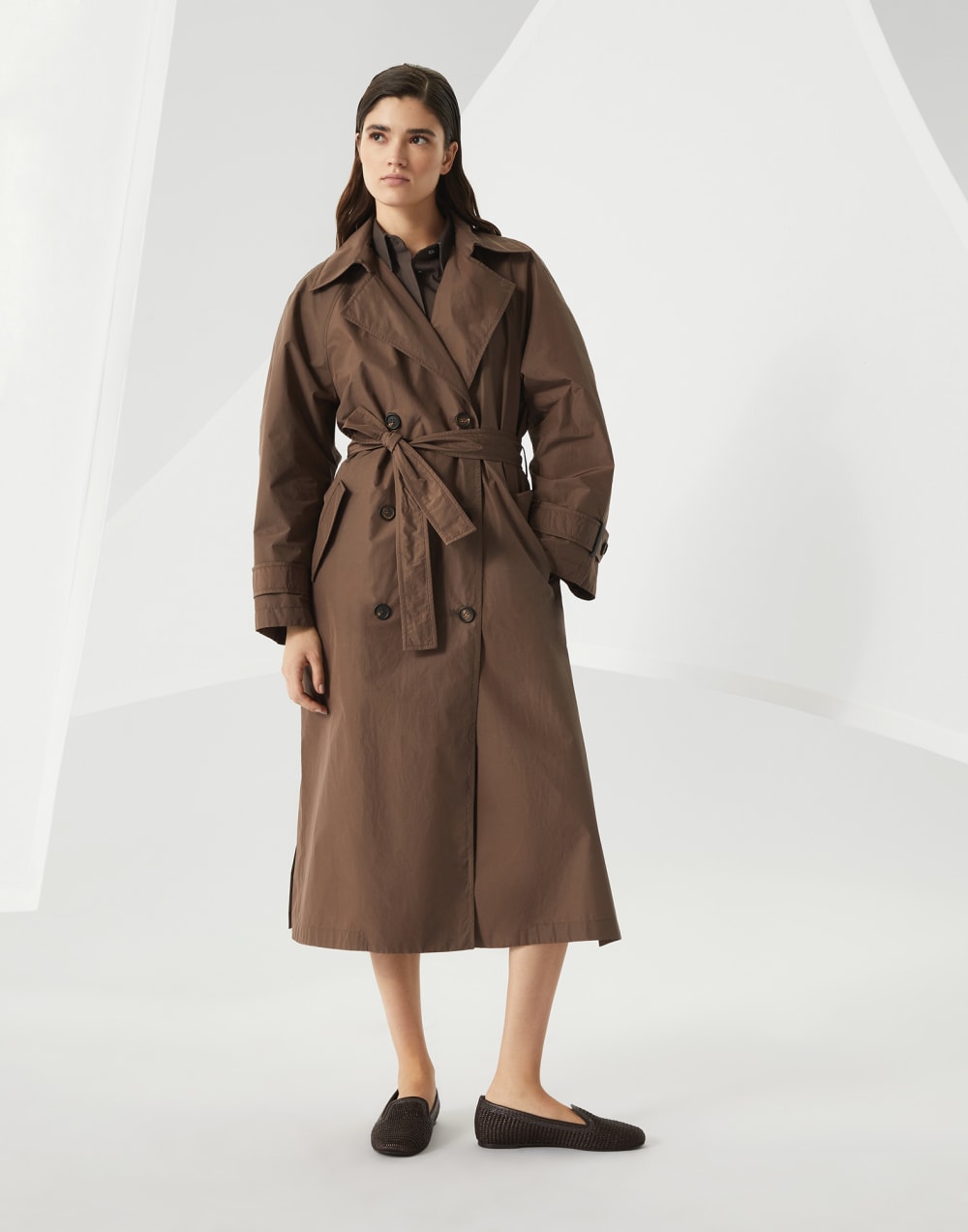 Techno cotton water-resistant taffeta trench with shiny details