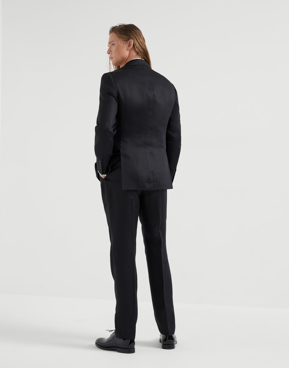 Linen satin tuxedo with peak lapel jacket and trousers with pleat