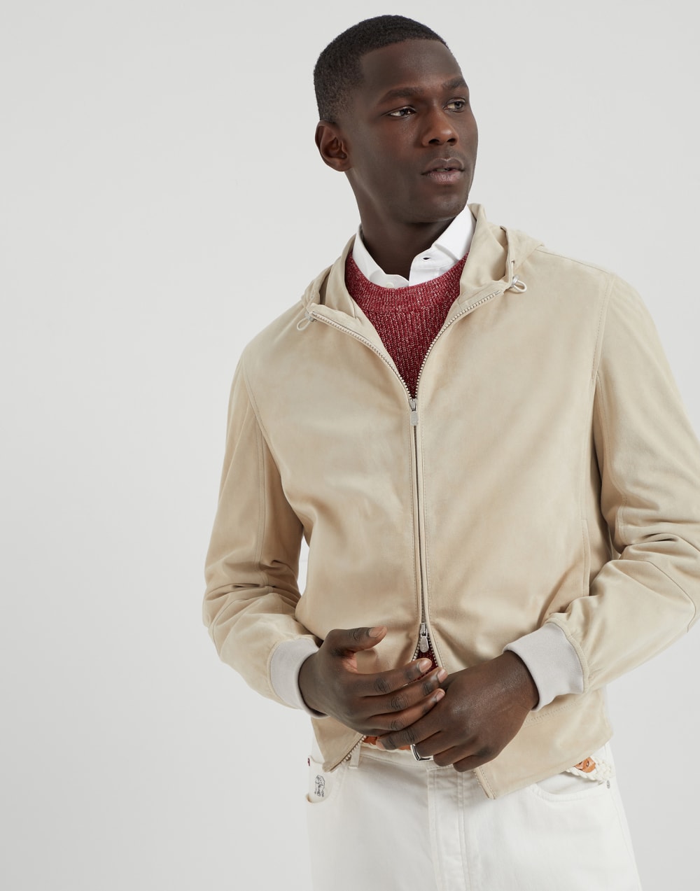 Suede sweatshirt with hood, zipper and knit inserts