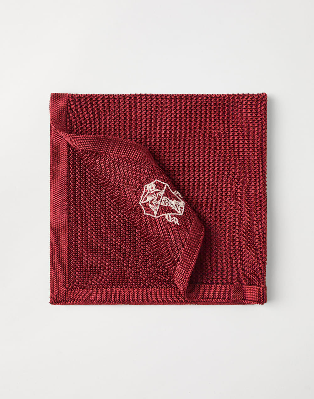 Silk knit pocket square with embroidered logo