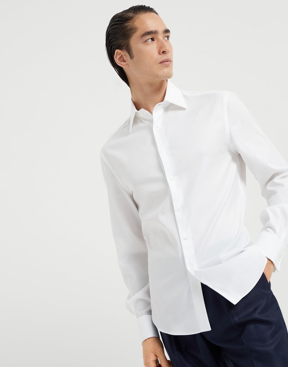 Tone-on-tone pinstripe twill slim fit tuxedo shirt with spread collar