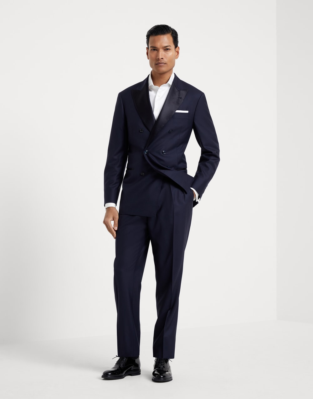 Lightweight virgin wool and silk twill tuxedo with one-and-a-half breasted jacket and double-pleated trousers