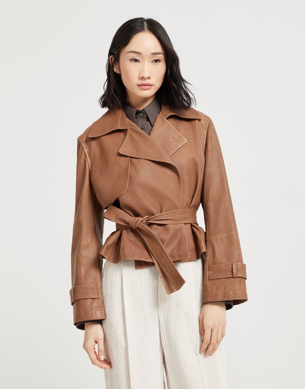 Vintage nappa leather cropped trench with monili