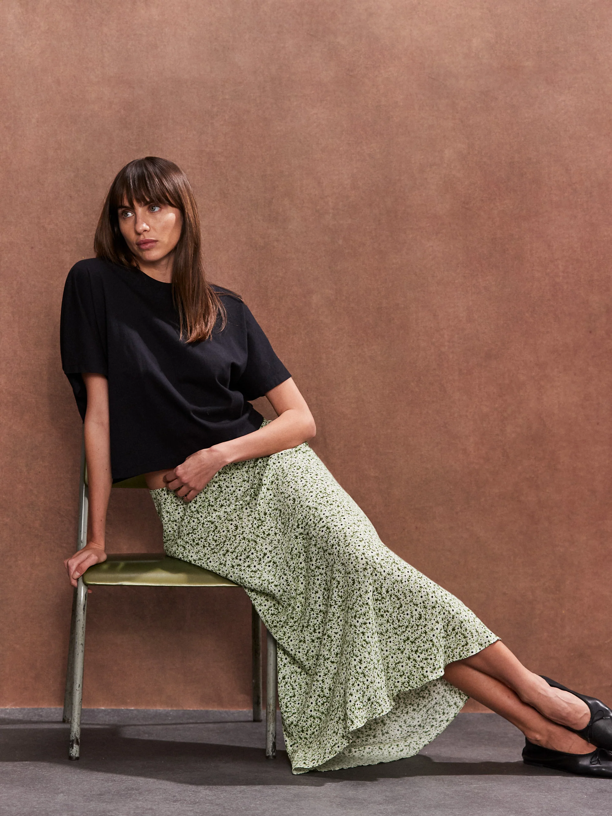 Green Ditsy Bias Cut Maxi Skirt