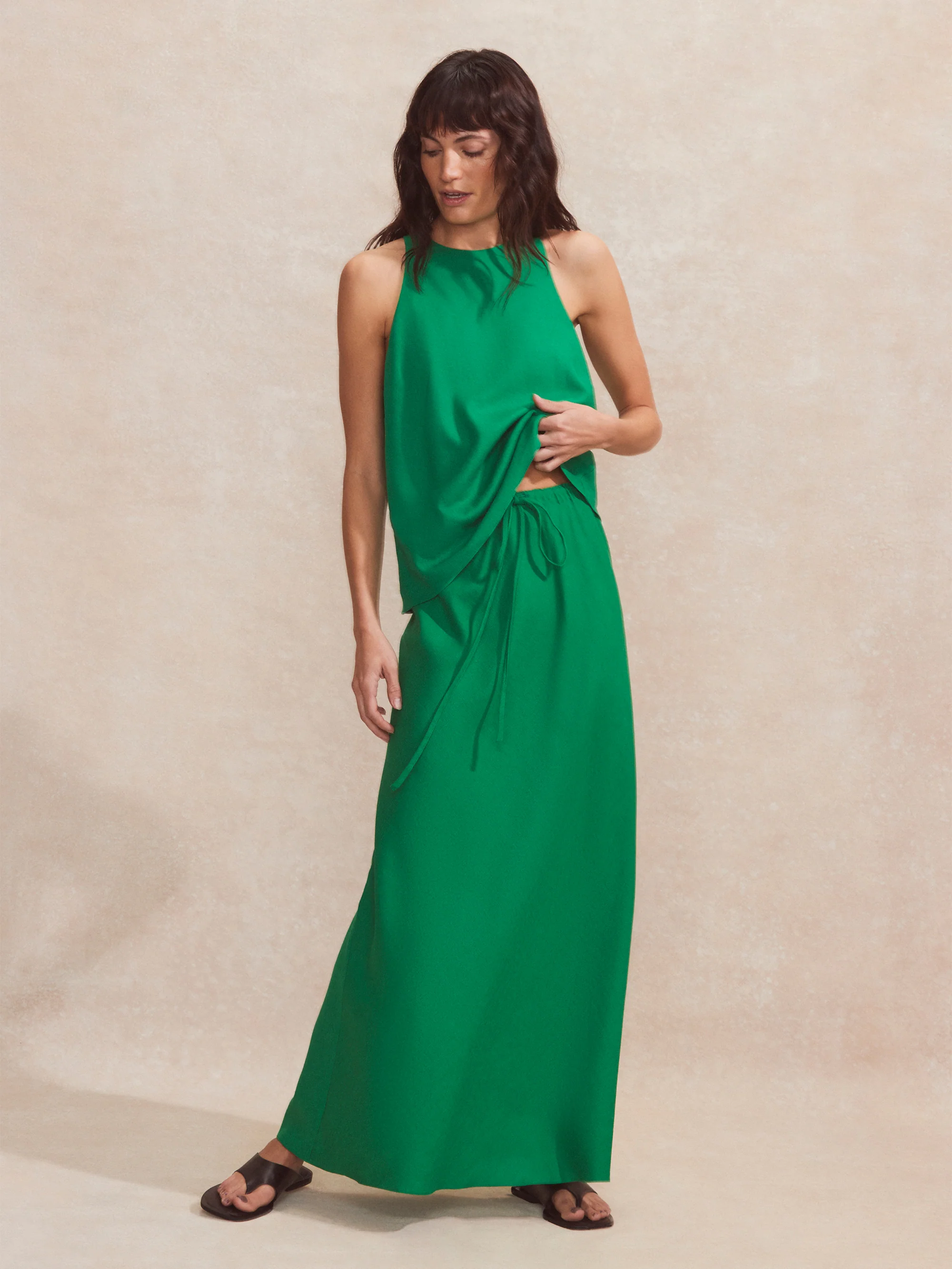 Petite Green Linen-Blend Bias-Cut Maxi Skirt
