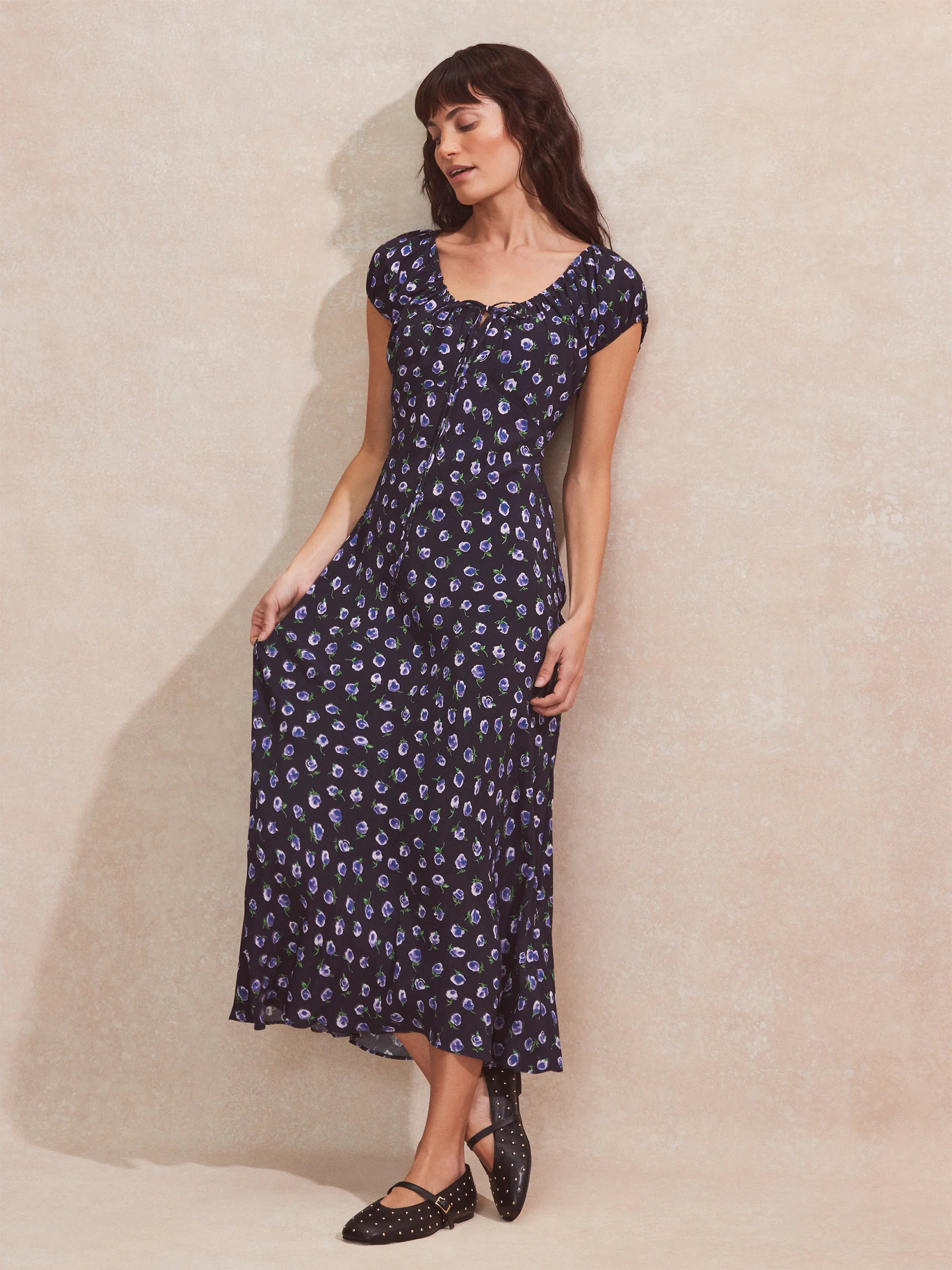 Navy Floral-Print Gathered-Neck Midi Dress