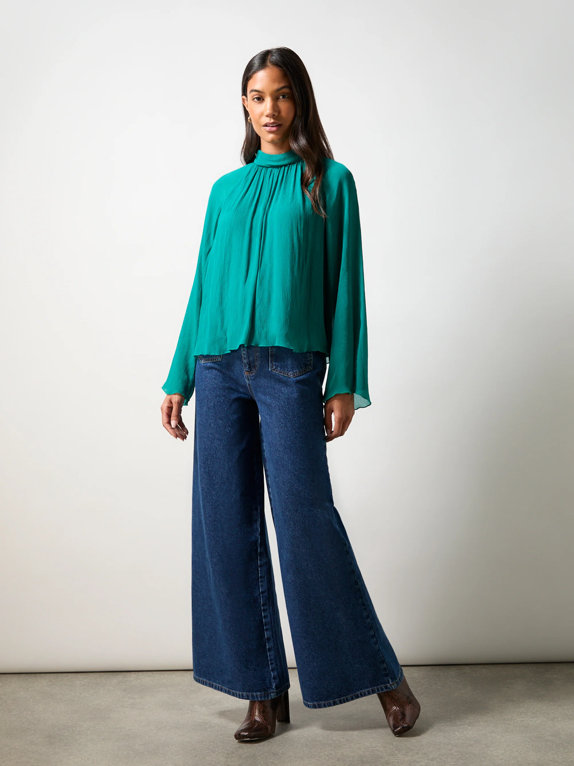 Teal Crinkle Flared Sleeve Blouse