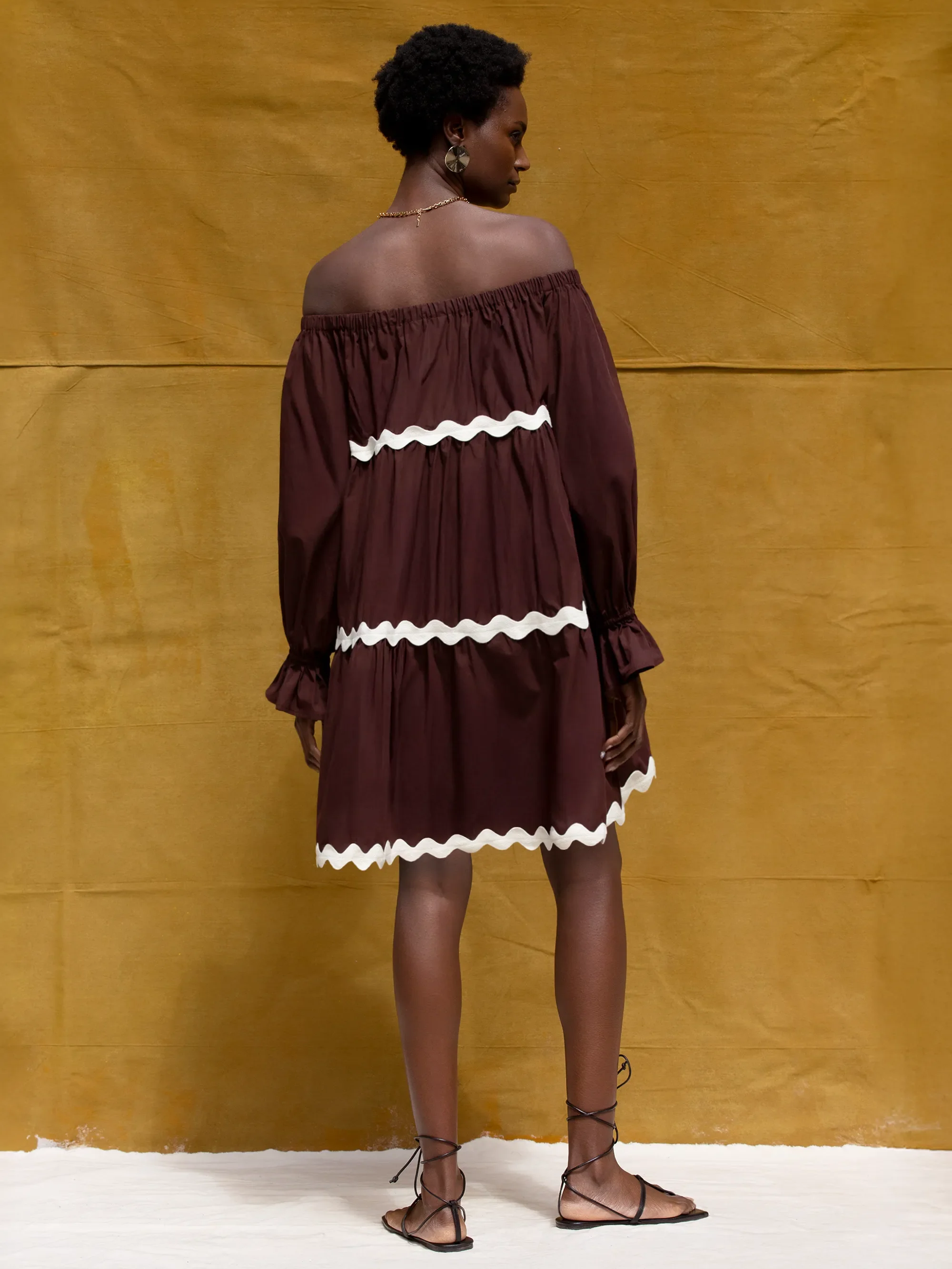 Brown Bardot Contrast Trim Dress