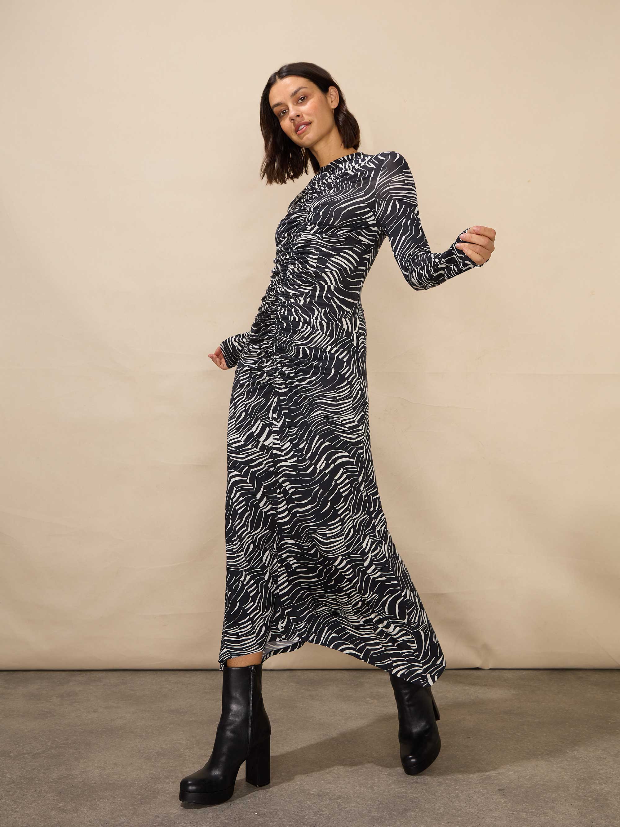 Petite Black Animal Ruched Front Dress