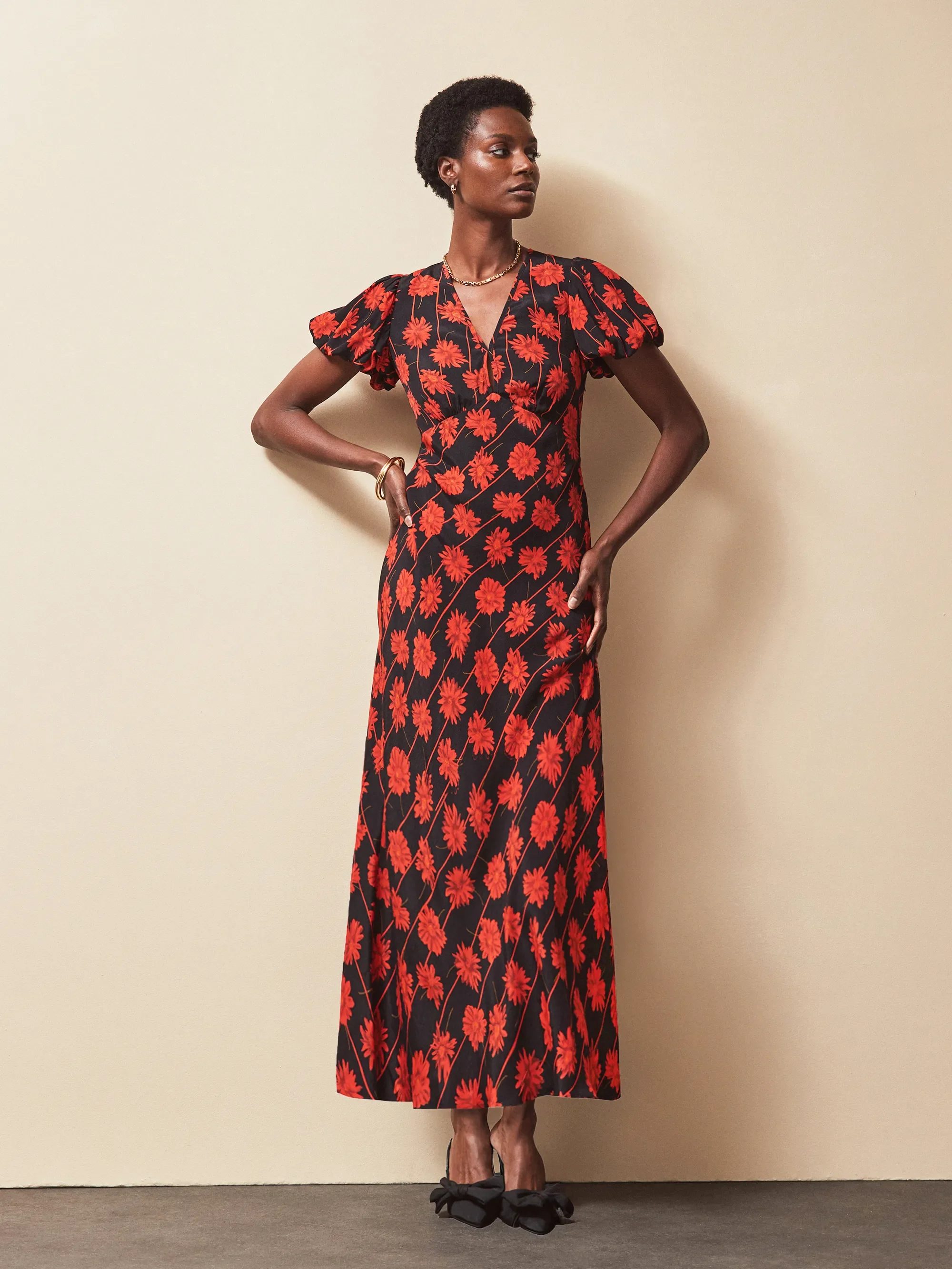 Petite Red Rose Stripe V Neck Dress