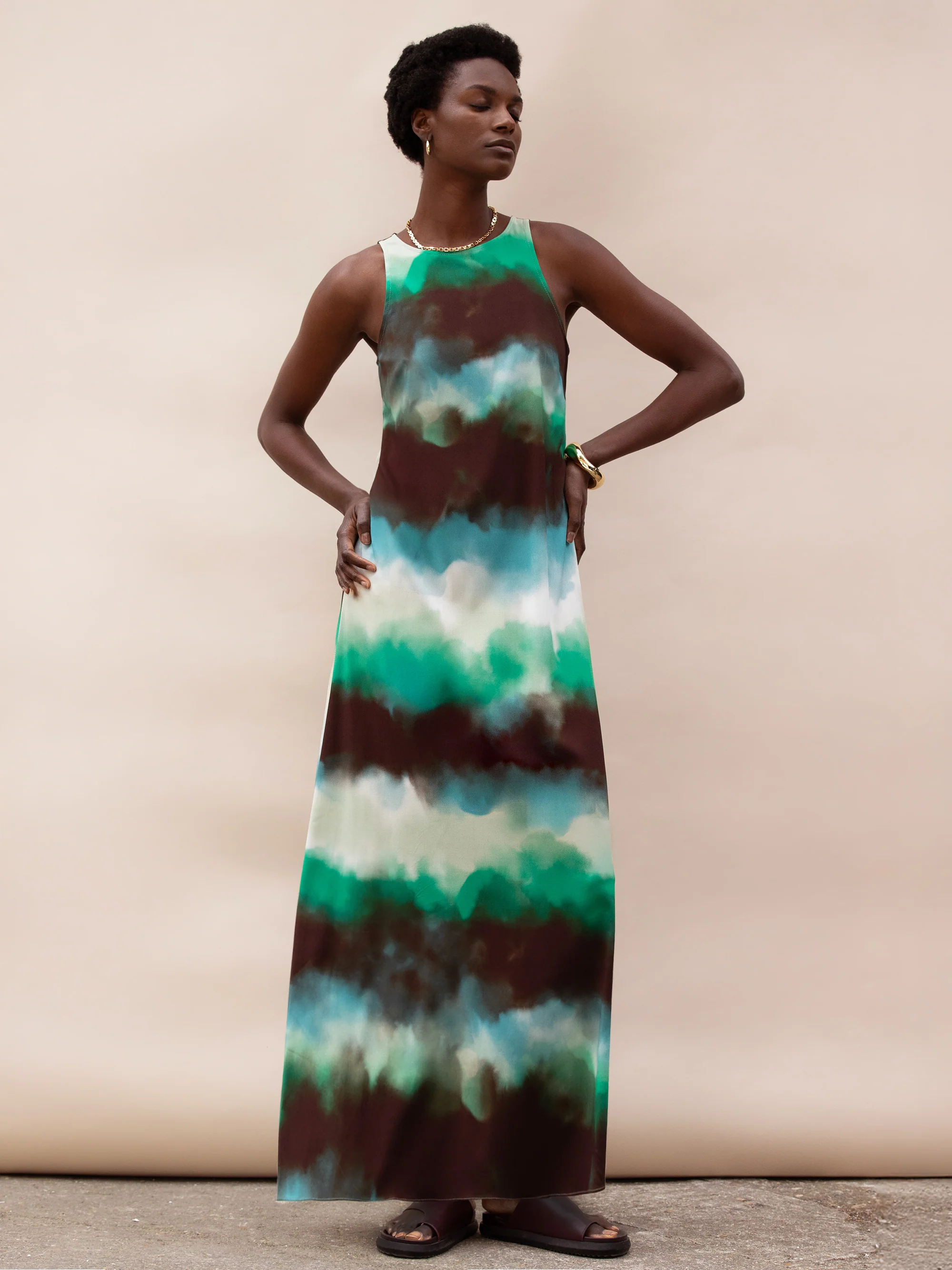 Green Watercolour Print Maxi Dress