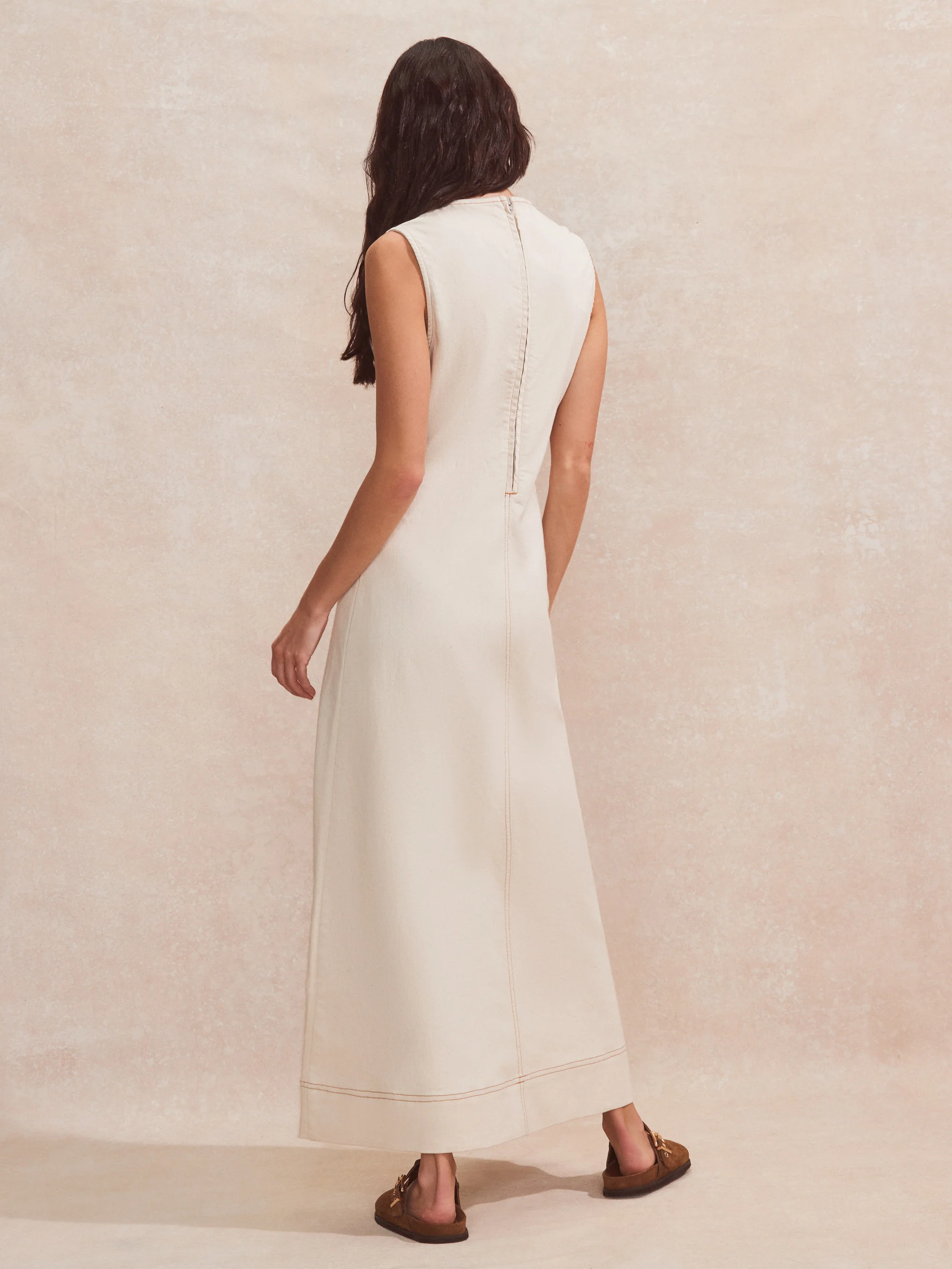 Ecru V-Neck Denim Maxi Dress