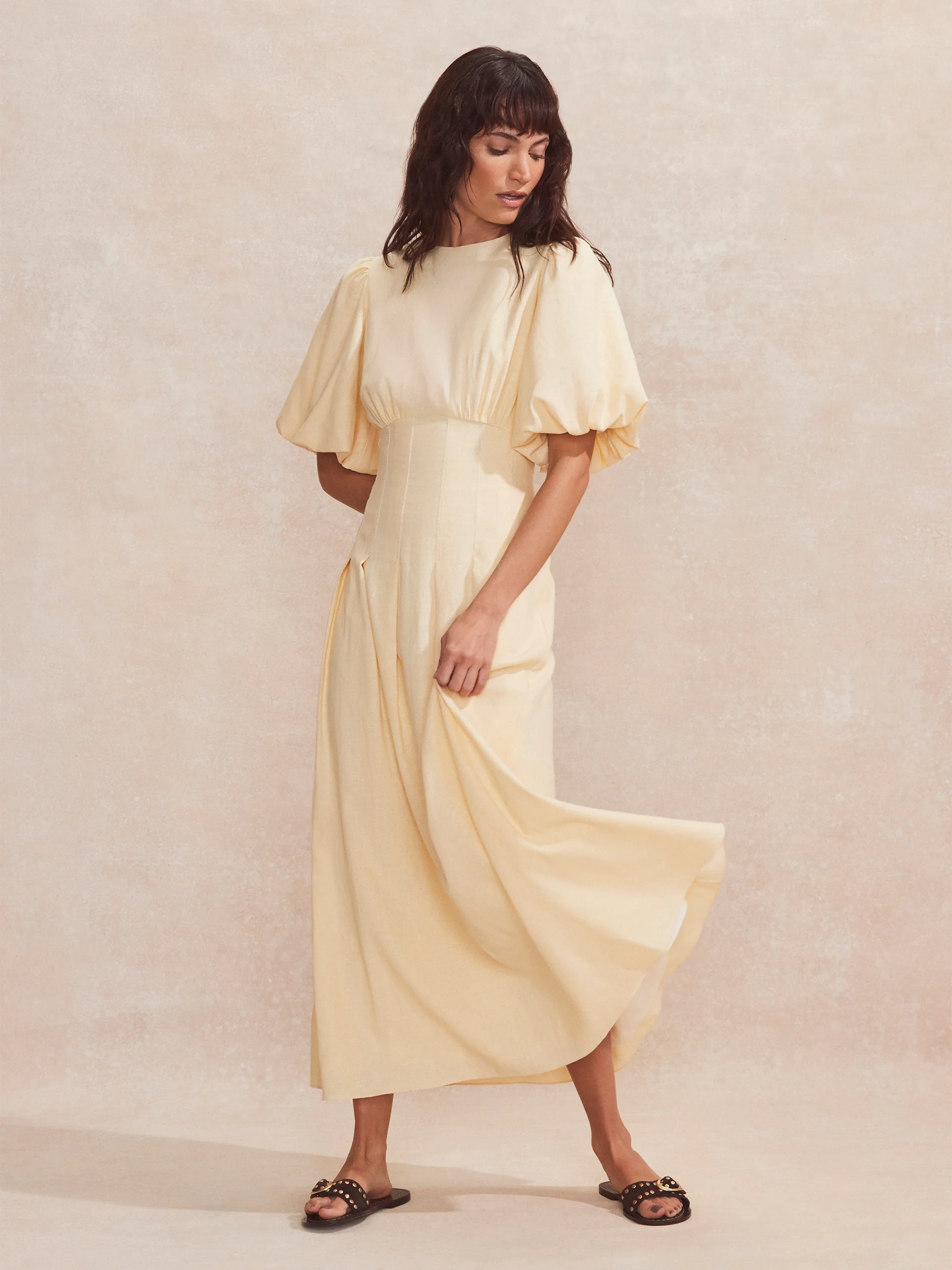 Buttermilk Pleat Detail Linen Blend Dress