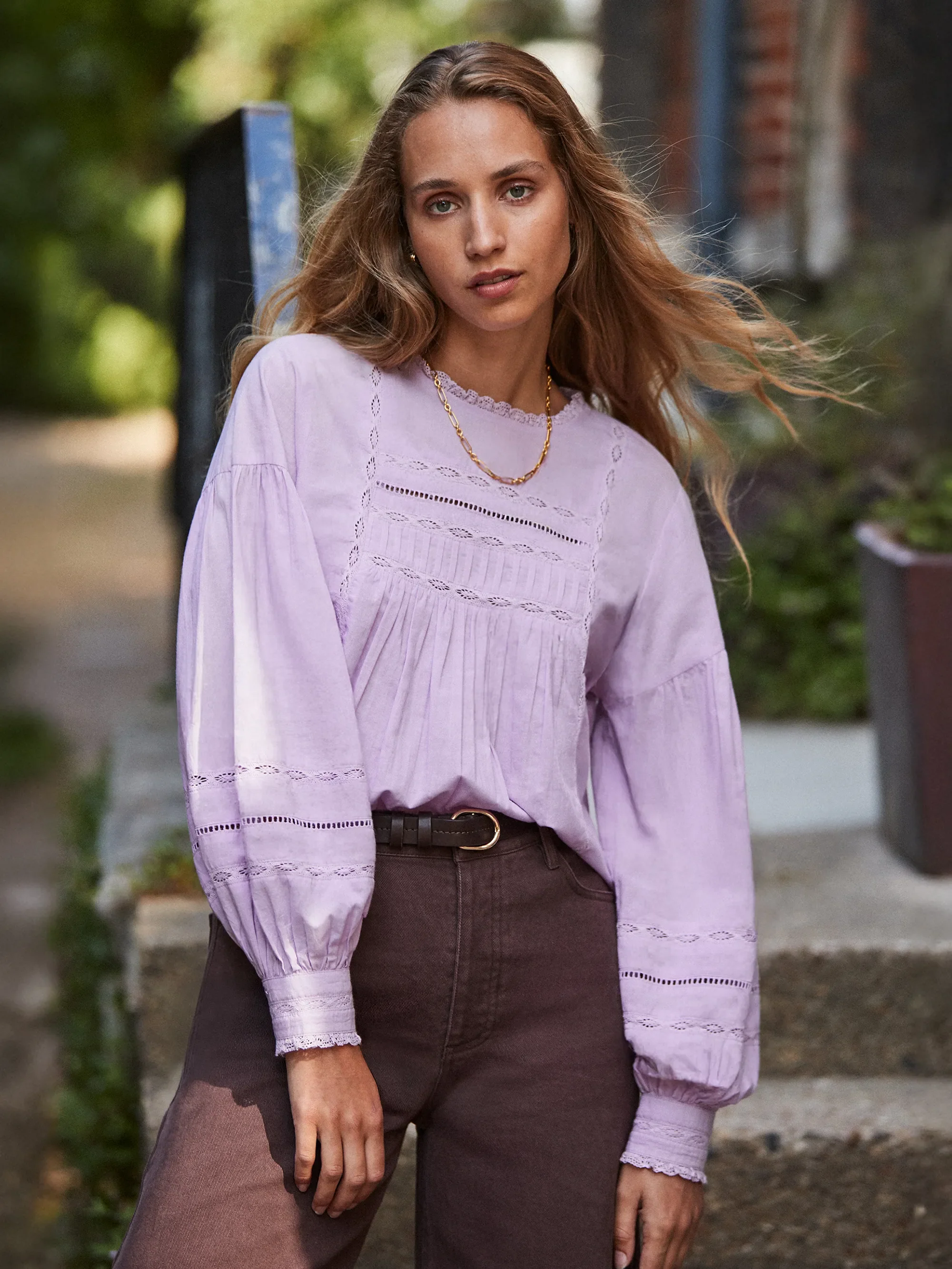 Lilac Crochet-Detail Cotton Blouse