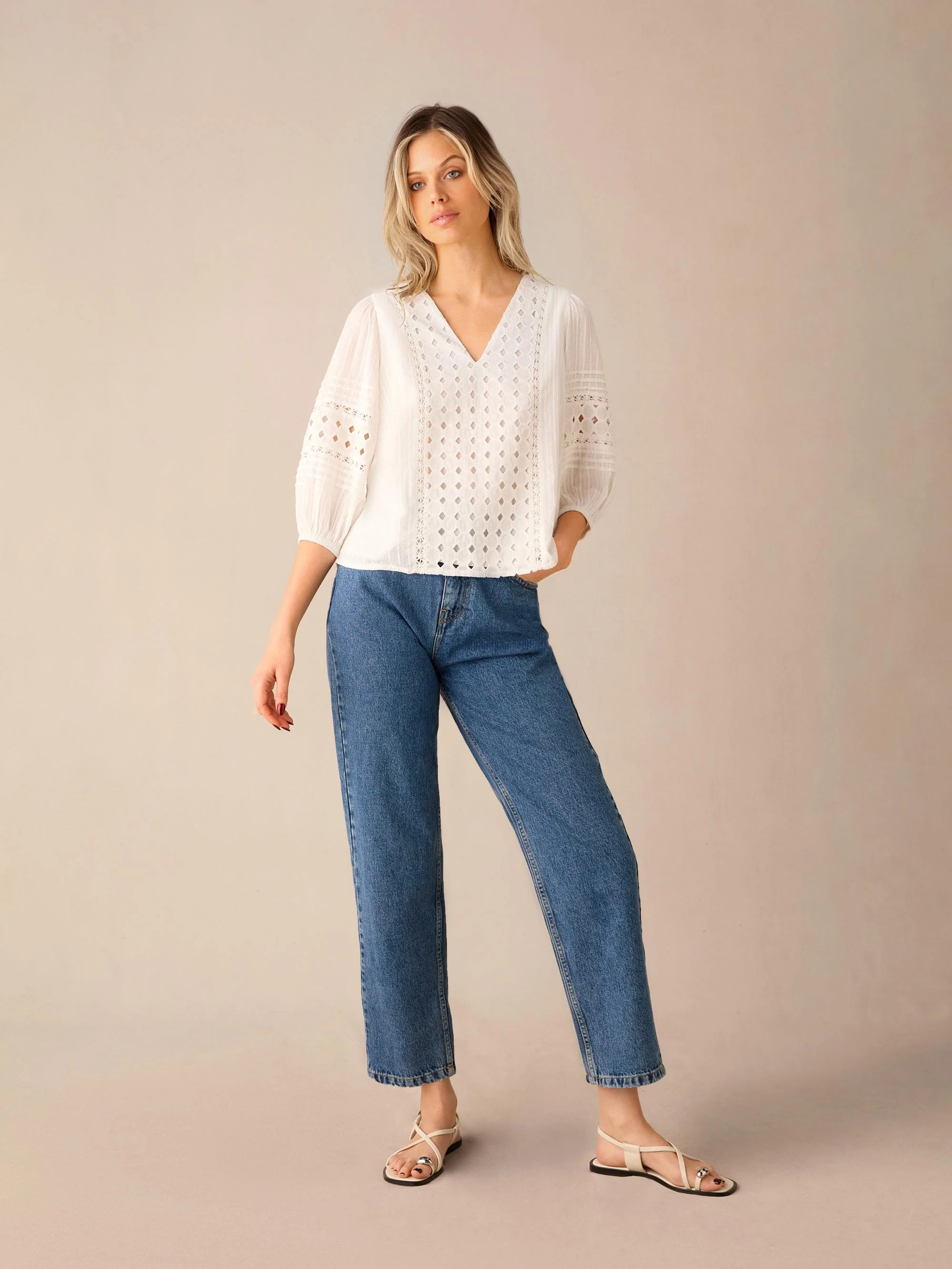 White Broderie V Neck Top