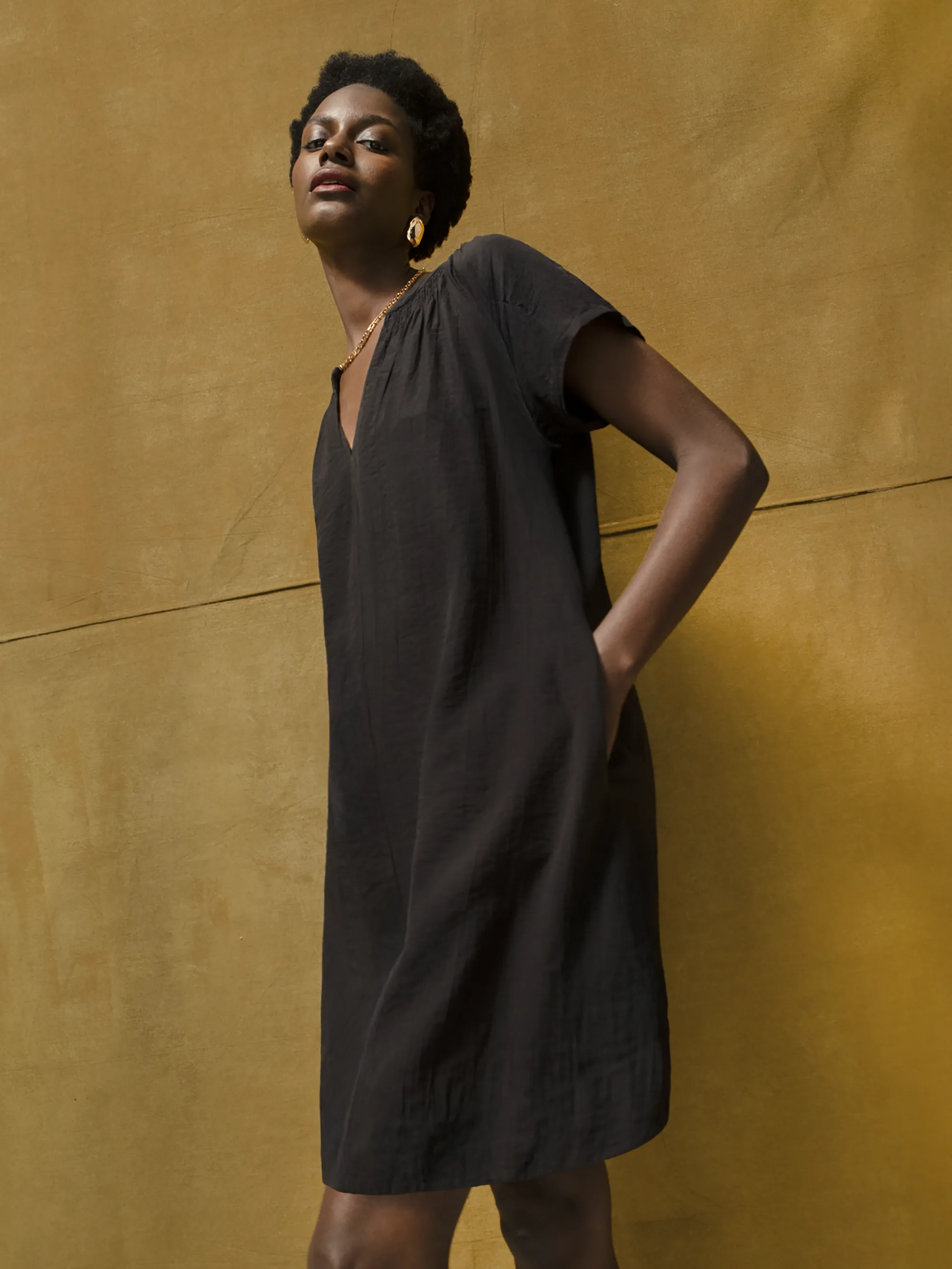 Black Gathered Neck Short Dress