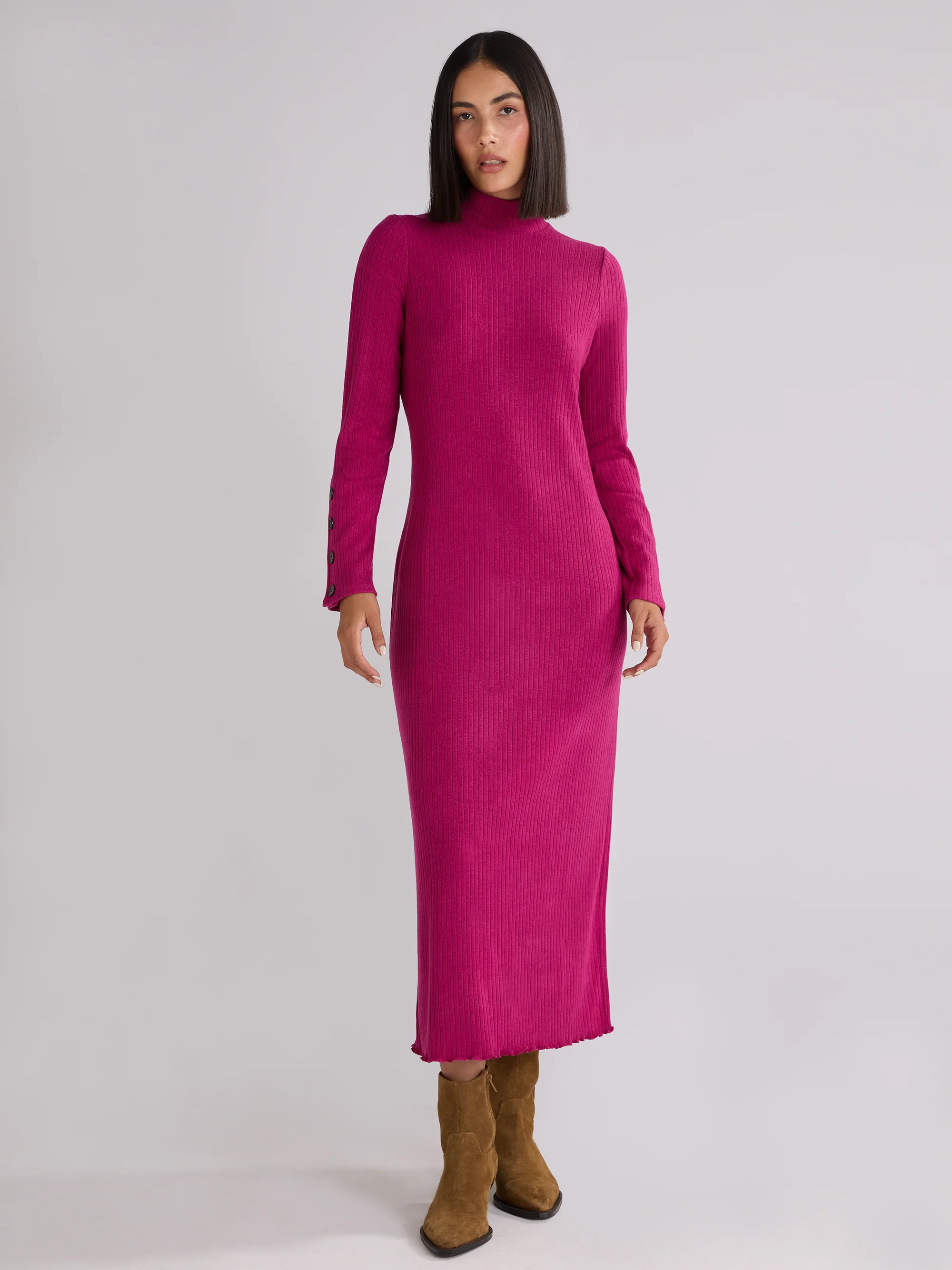 Petite Berry Rib Knit High Neck Dress