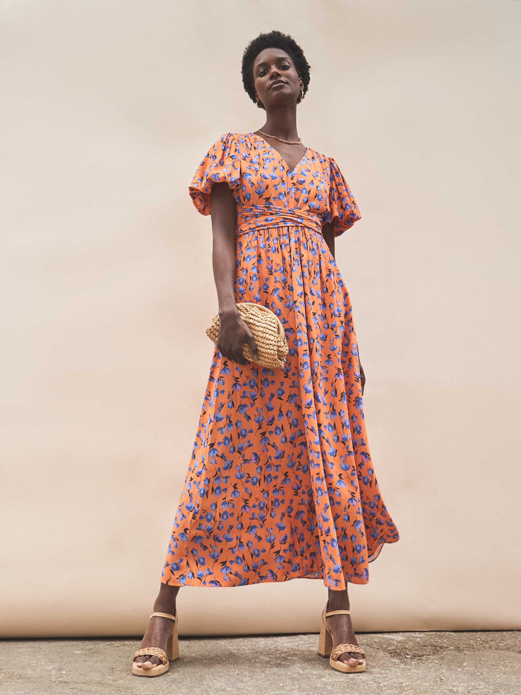 Orange And Blue Floral Puff Sleeve Dress