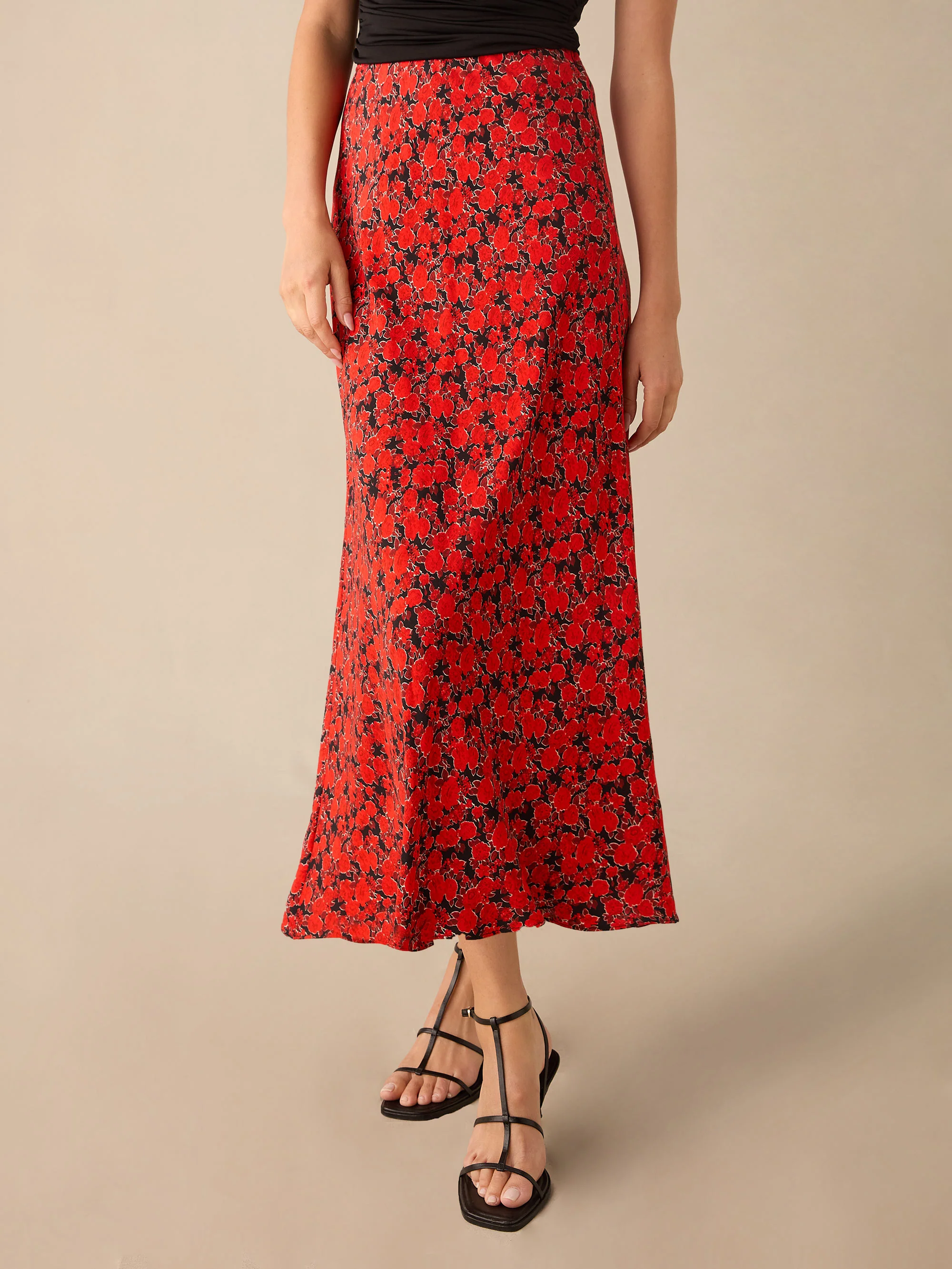 Red Blurred Floral Print Bias Cut Maxi Skirt