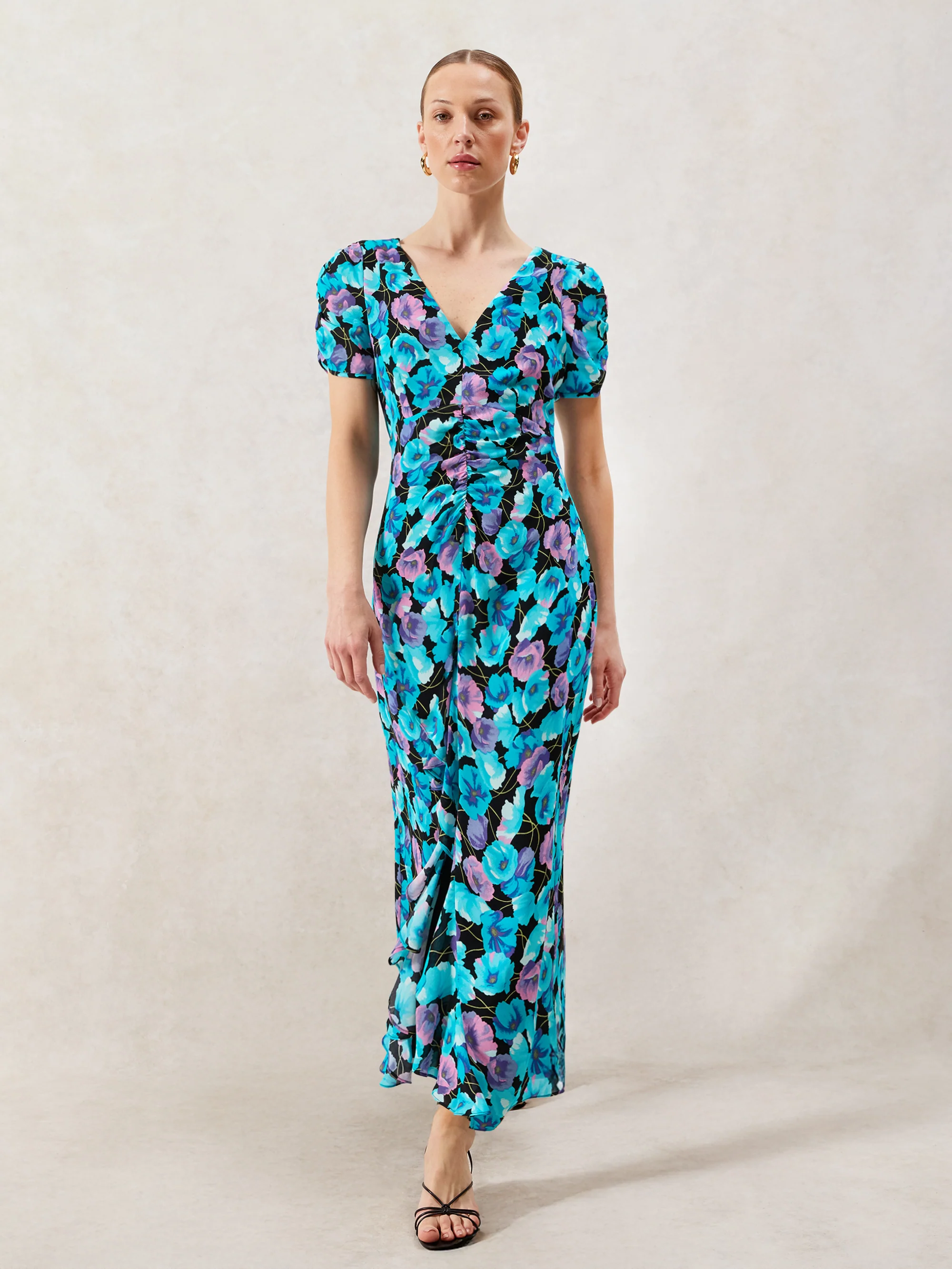 Mia Blue Floral Frill Front Midi Dress