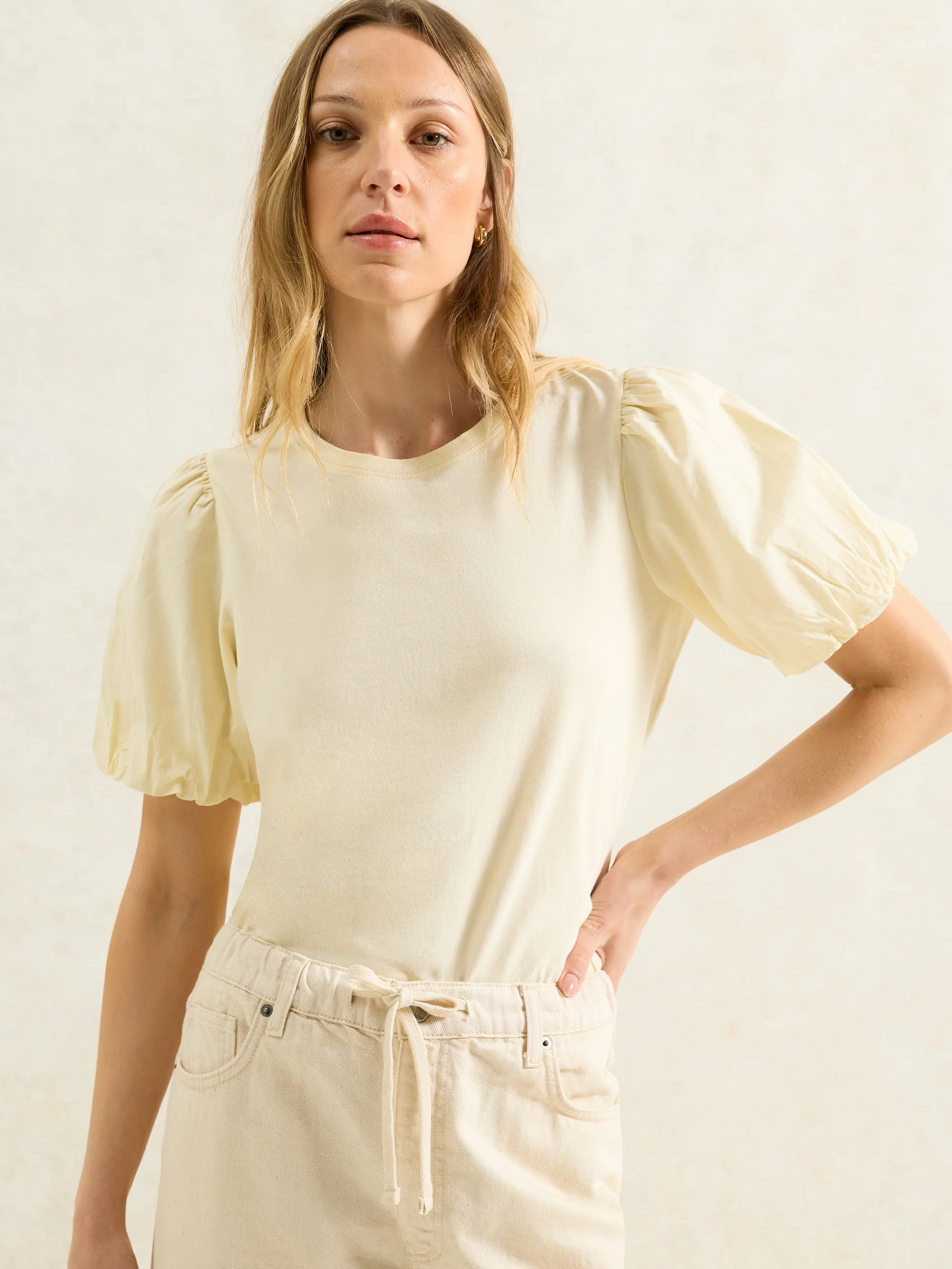 Buttermilk Pure Cotton Puff-Sleeve T-Shirt