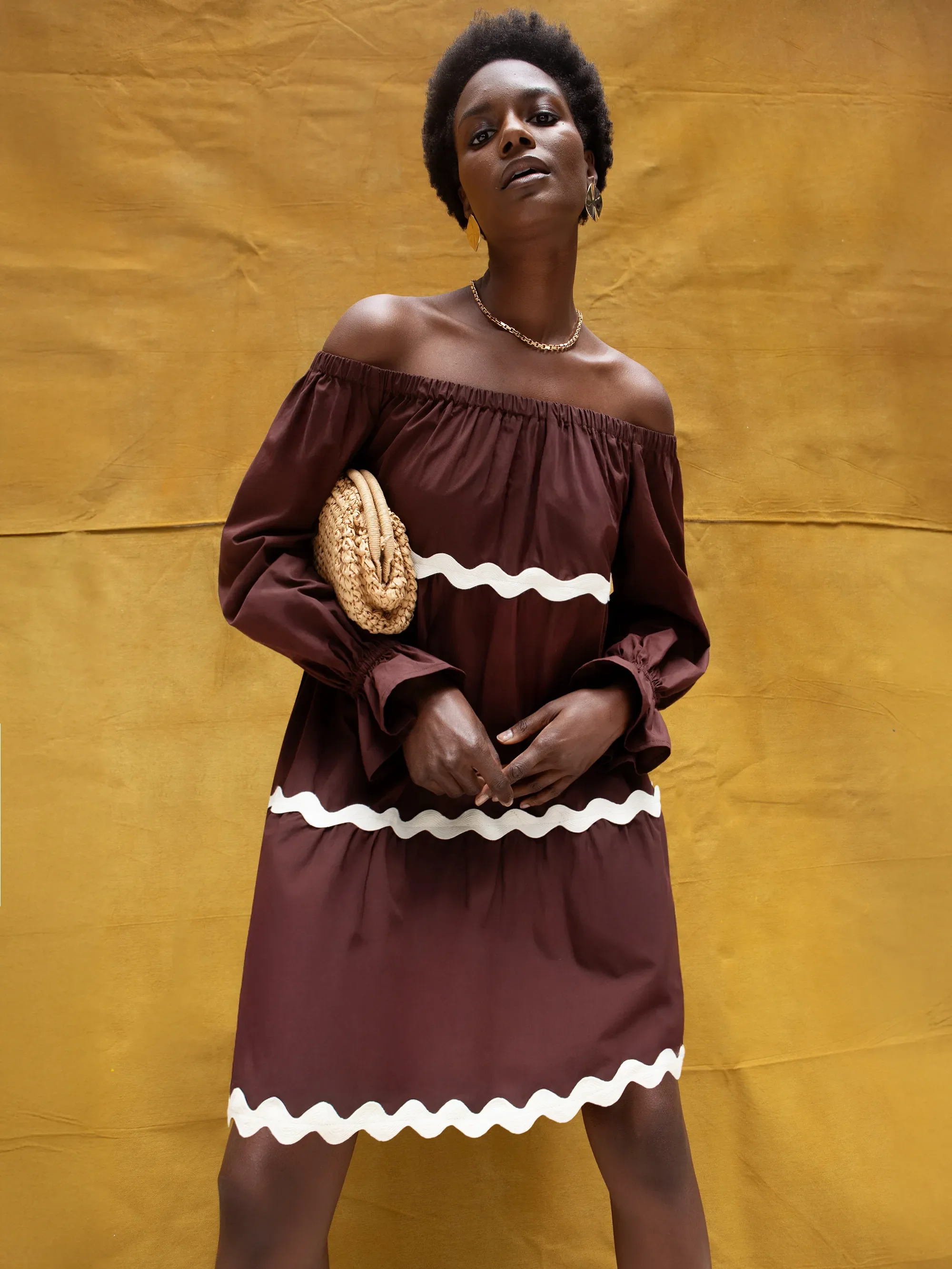 Brown Bardot Contrast Trim Dress