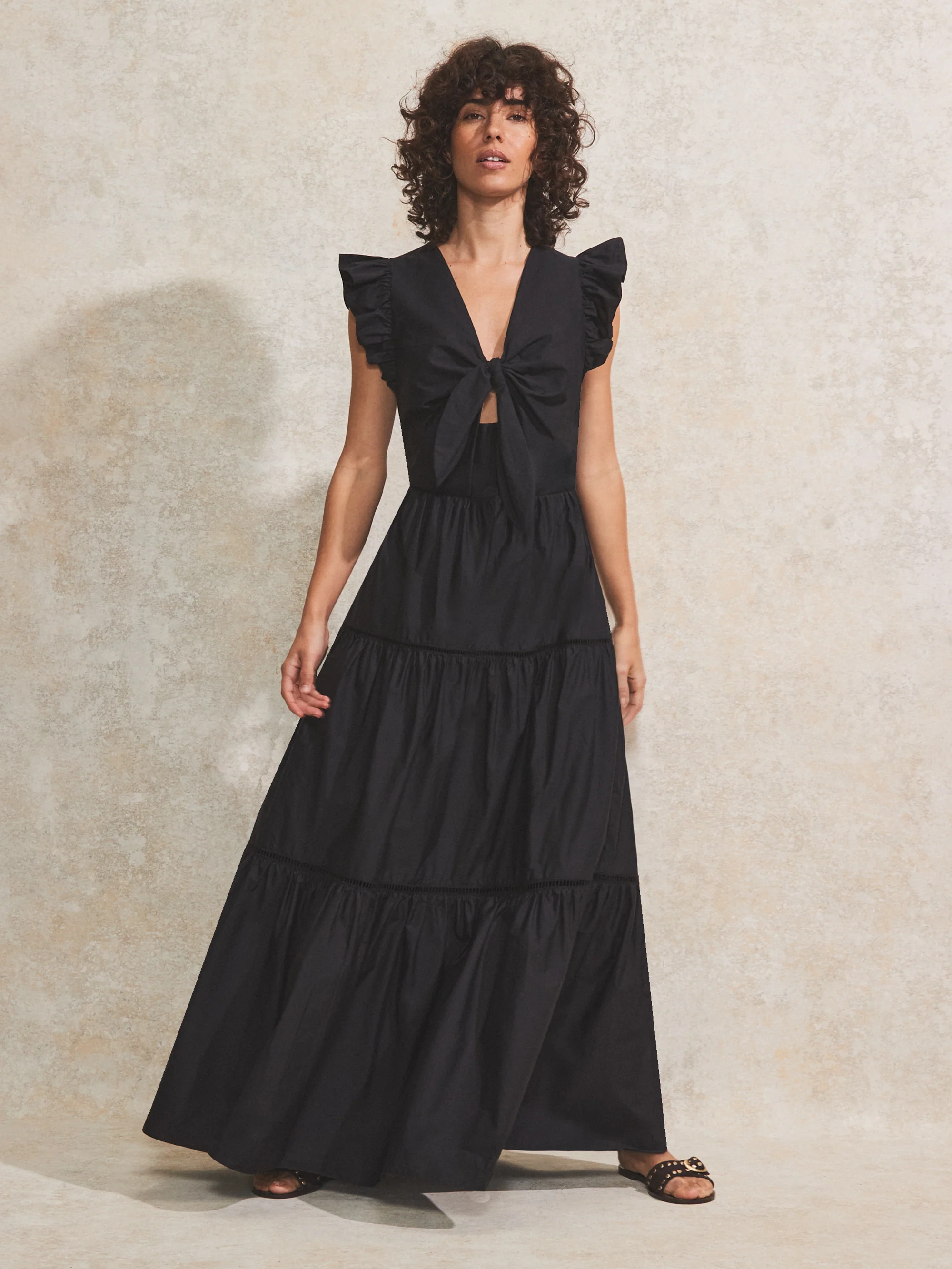 Black Tiered Cotton-Poplin Maxi Dress
