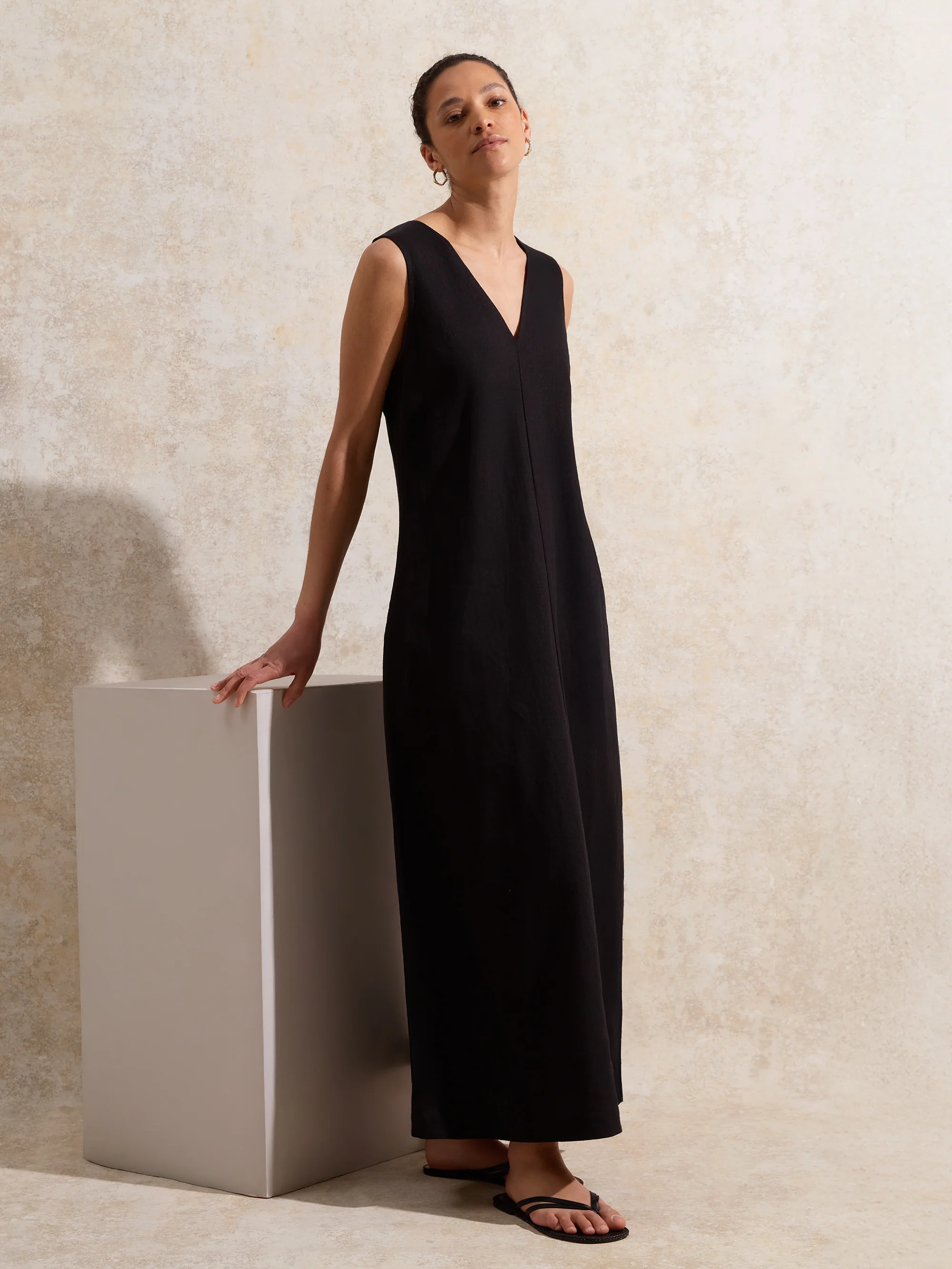 Black V-Neck Linen-Blend Maxi Dress