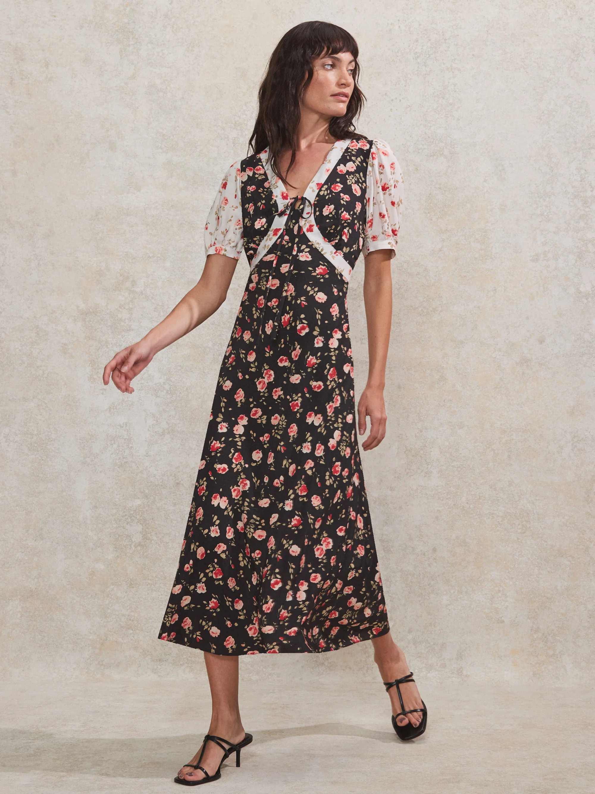 Contrast Rose-Print Puff-Sleeve Midi Dress